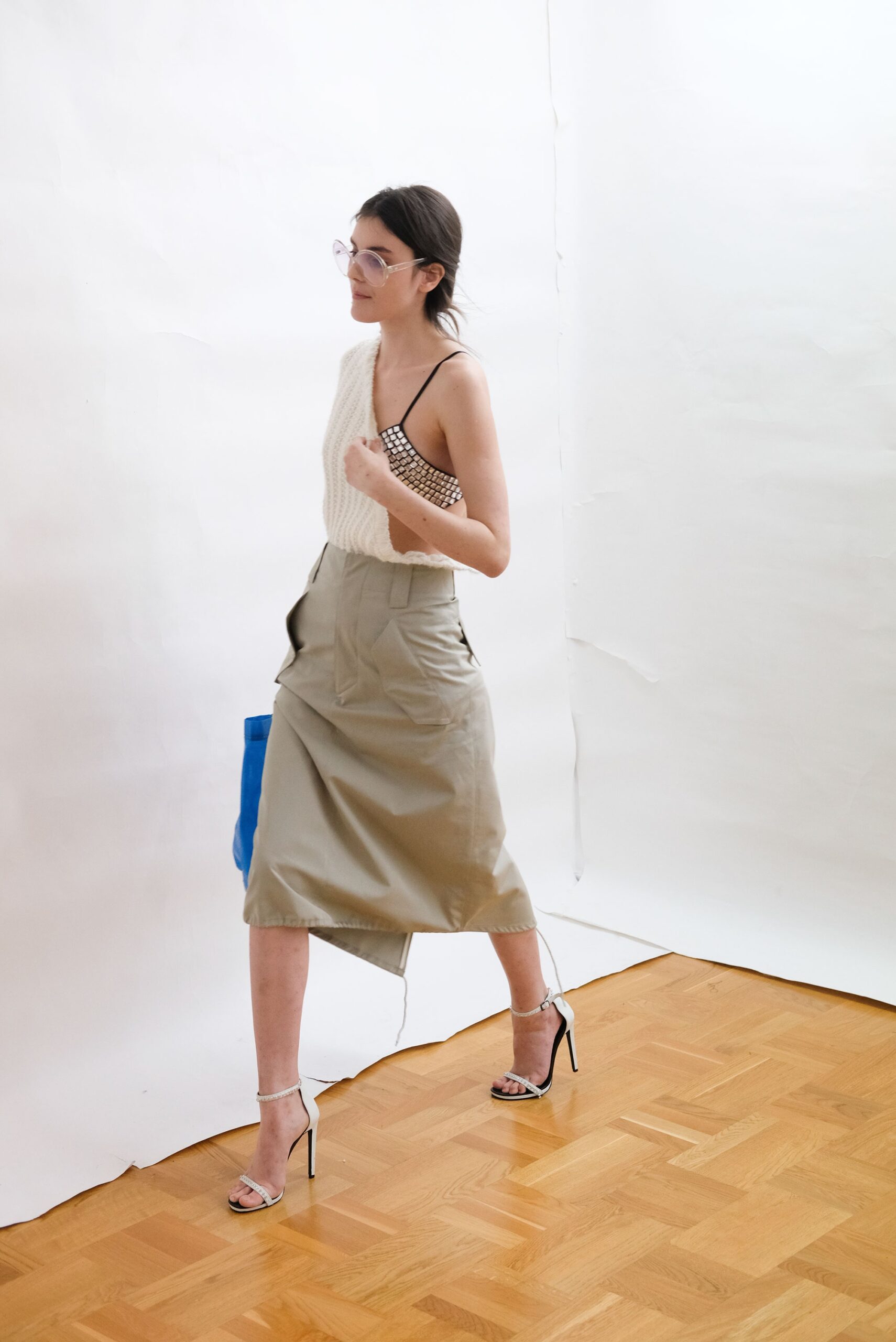 white fitted top beige asymmetric skirt