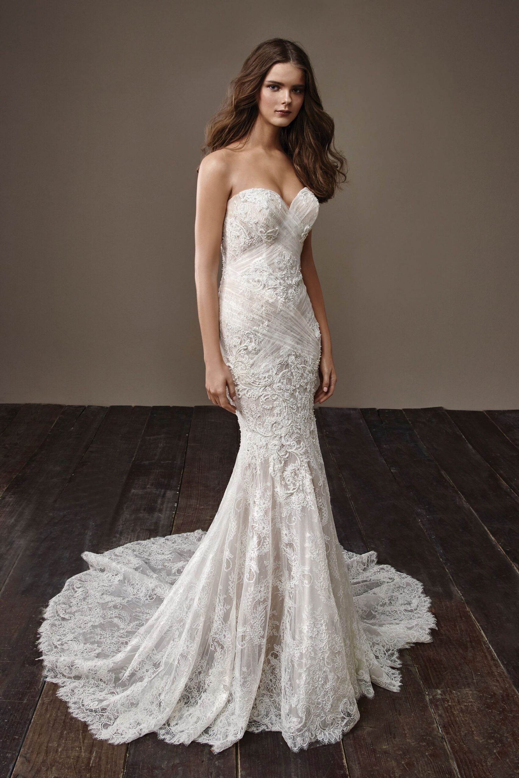white lace strapless gown