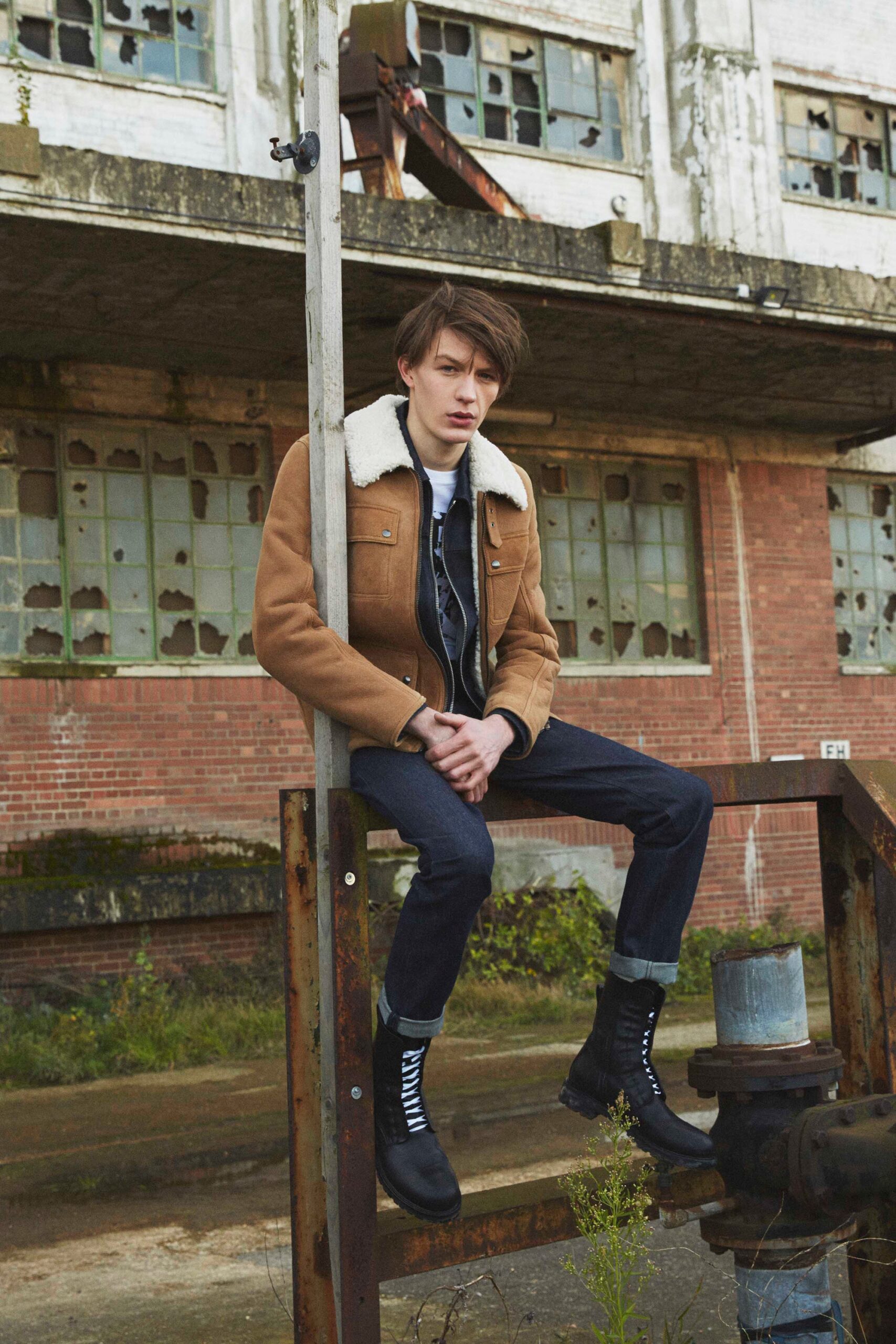brown shearling-collar suede jacket