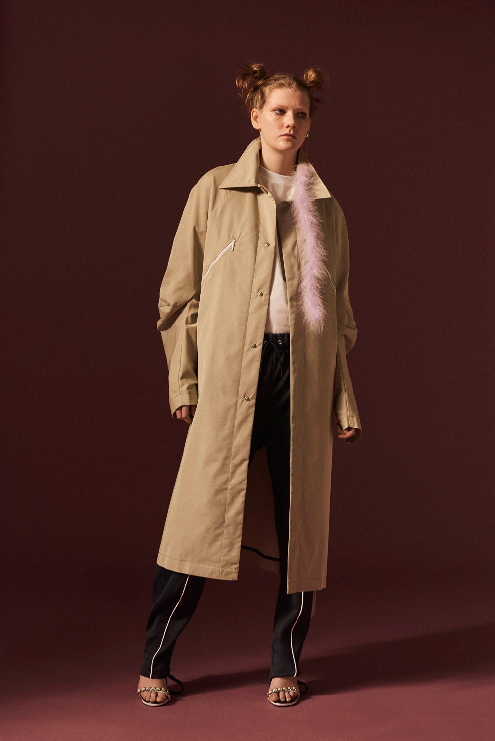 beige oversized coat with black pants