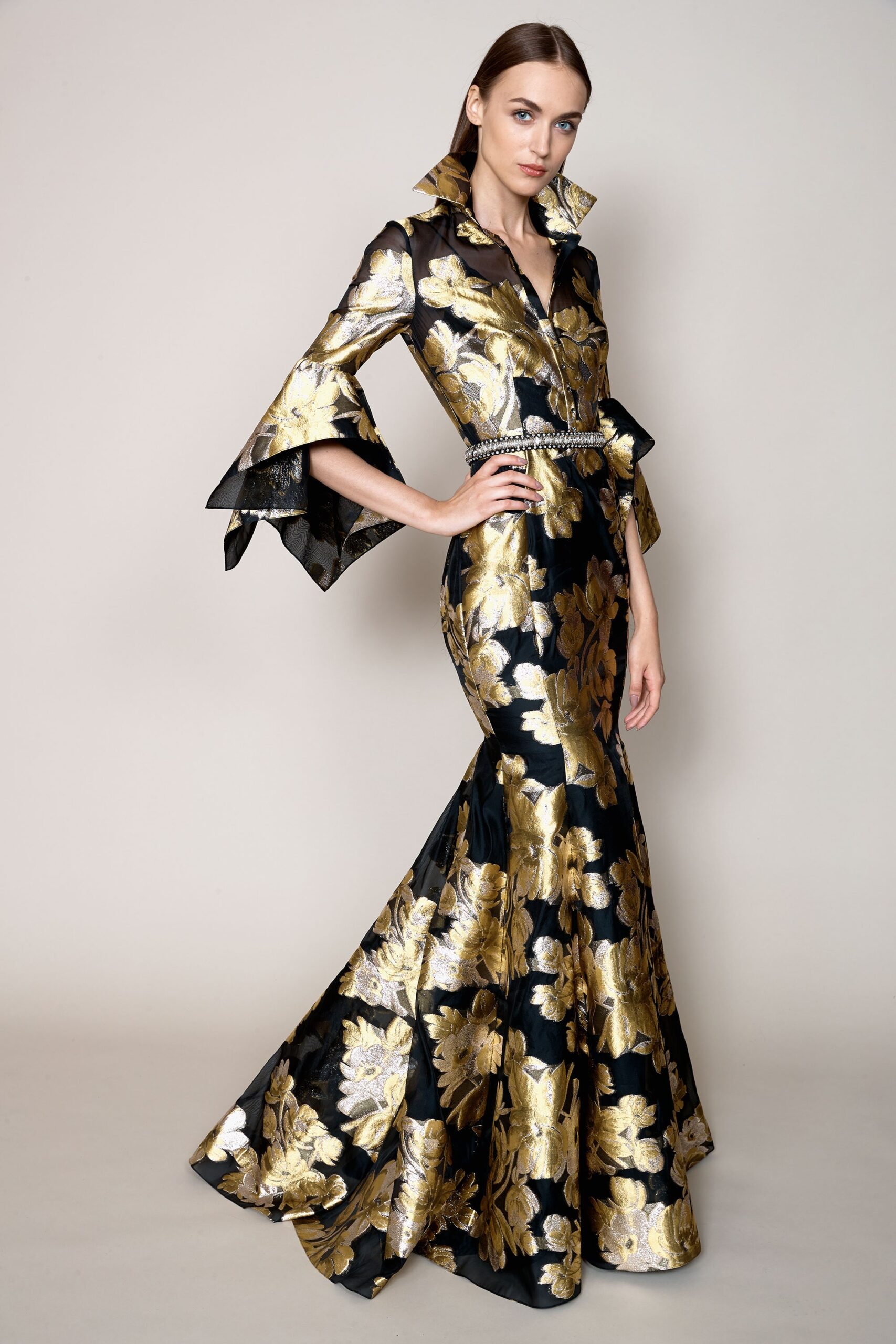 black and gold embroidered gown