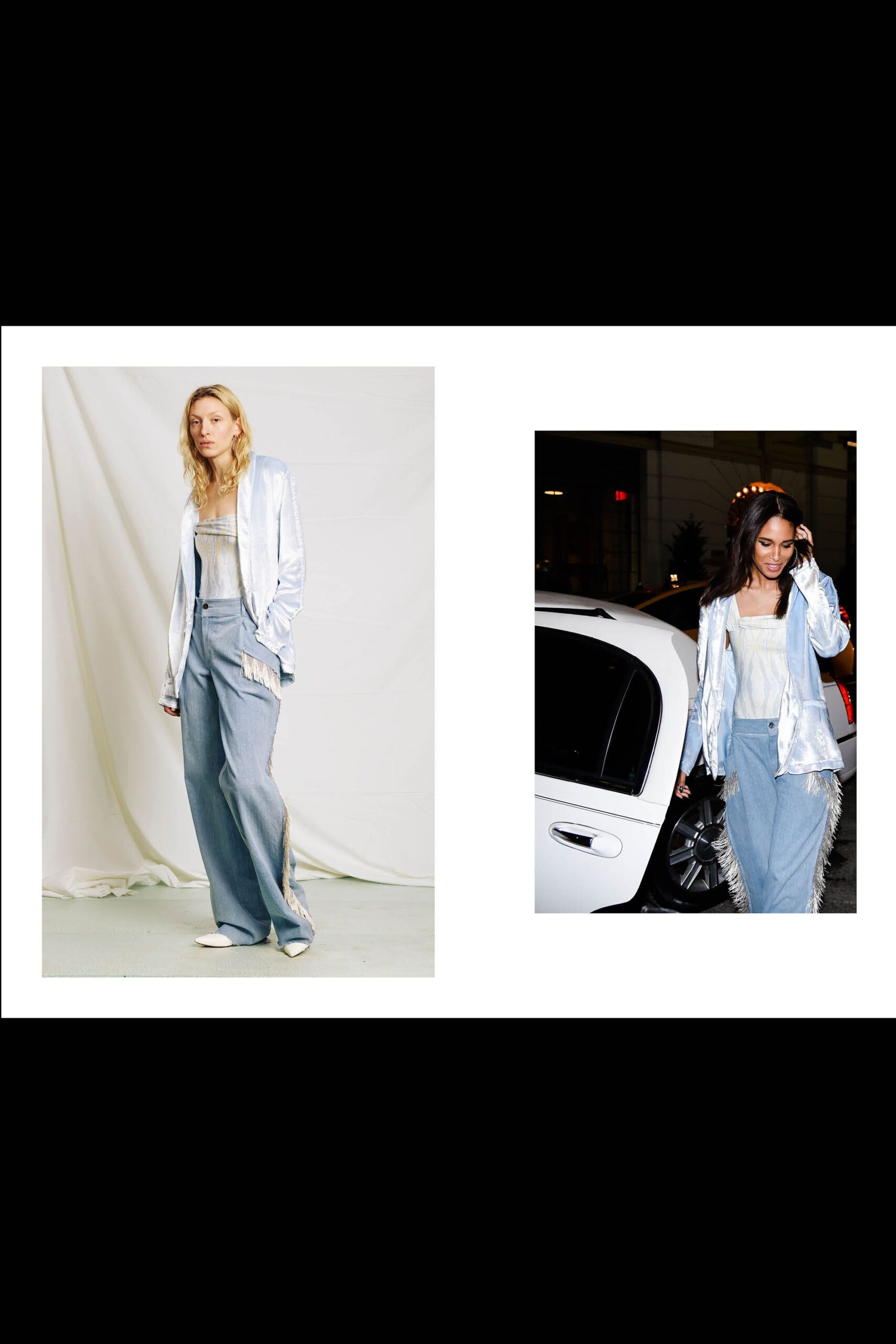 blue silk blazer with denim pants