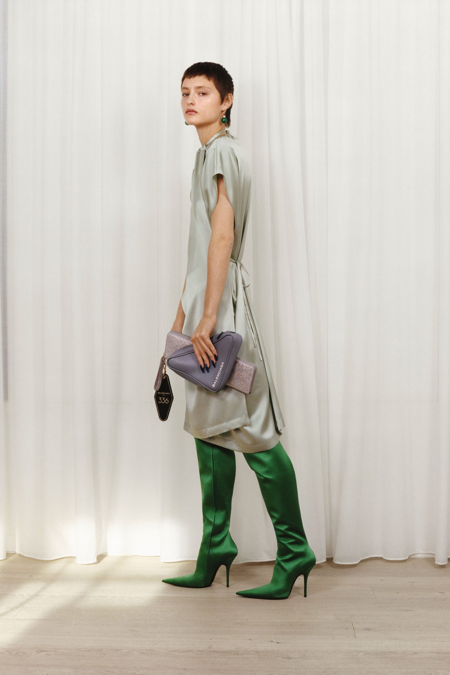 green silk sleeveless v-neck fitted draped flowing dress