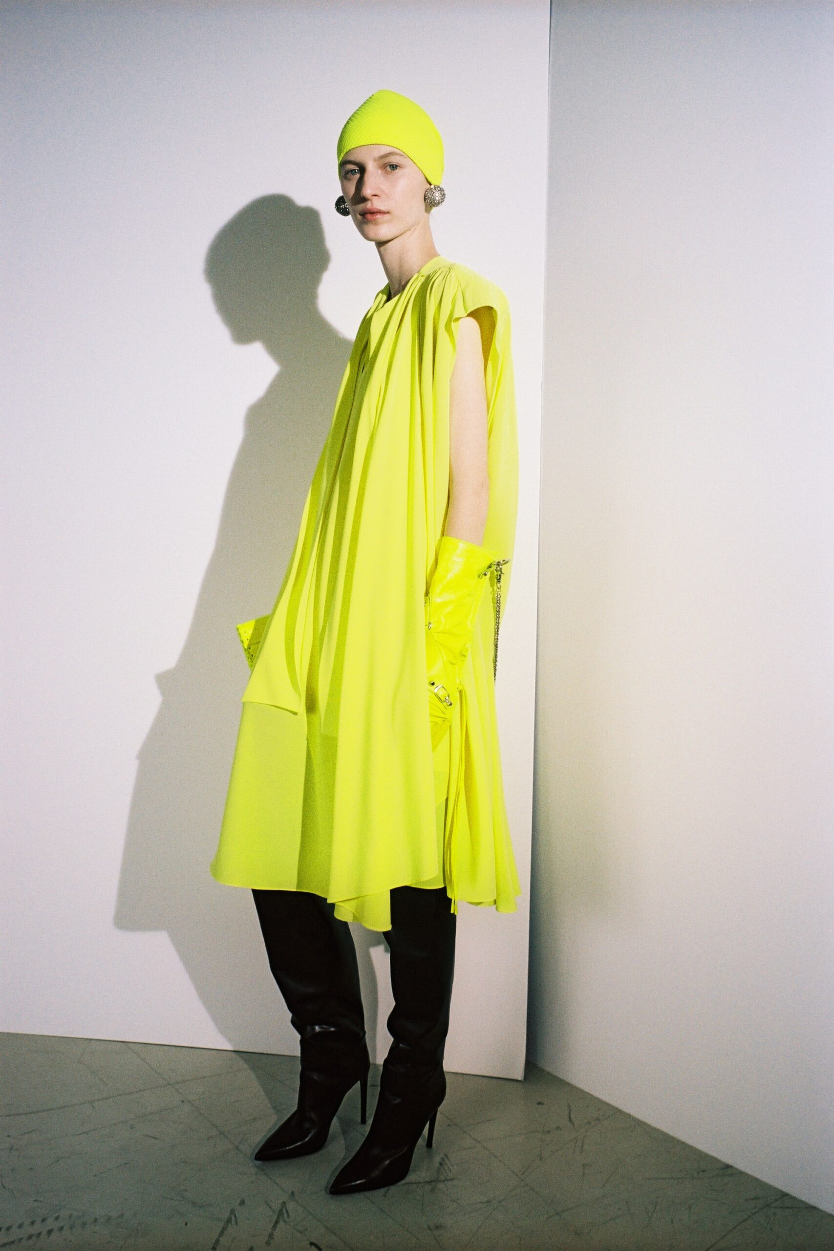 yellow draped midi dress with gloves