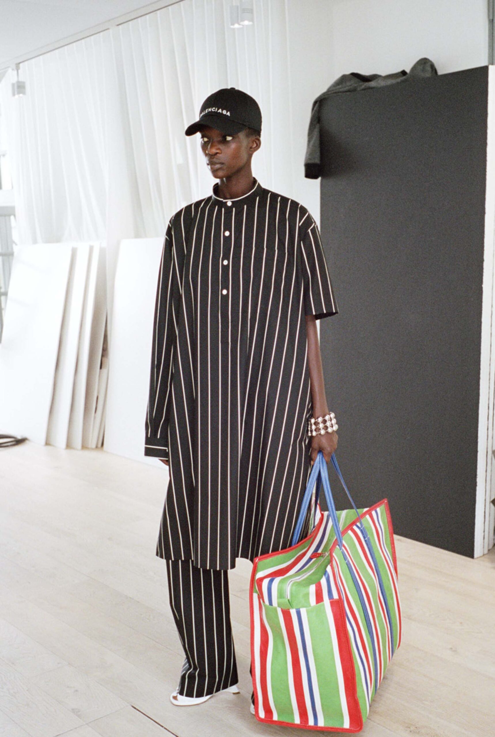 black and white striped shirt-dress