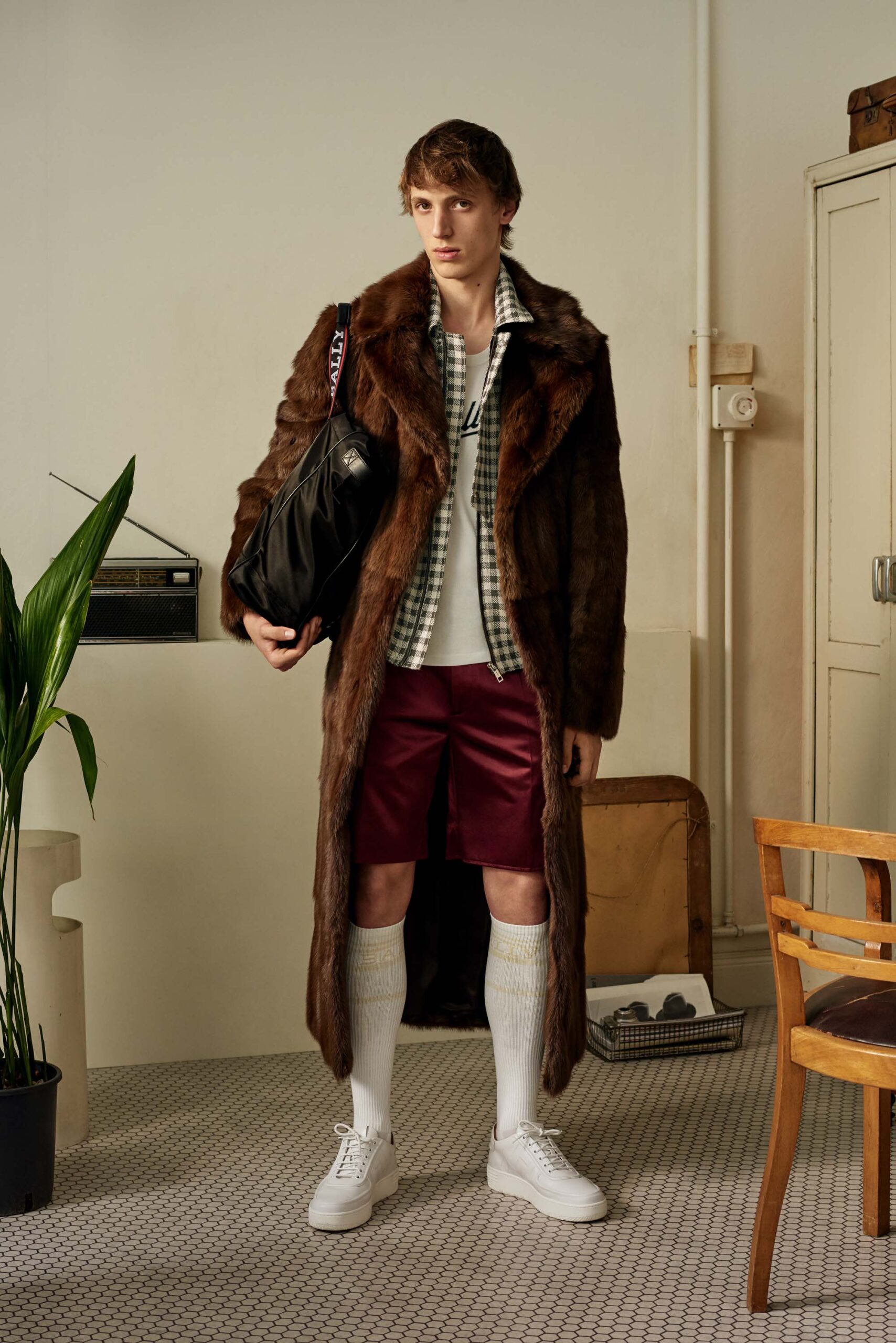 brown fur coat with checked shirt