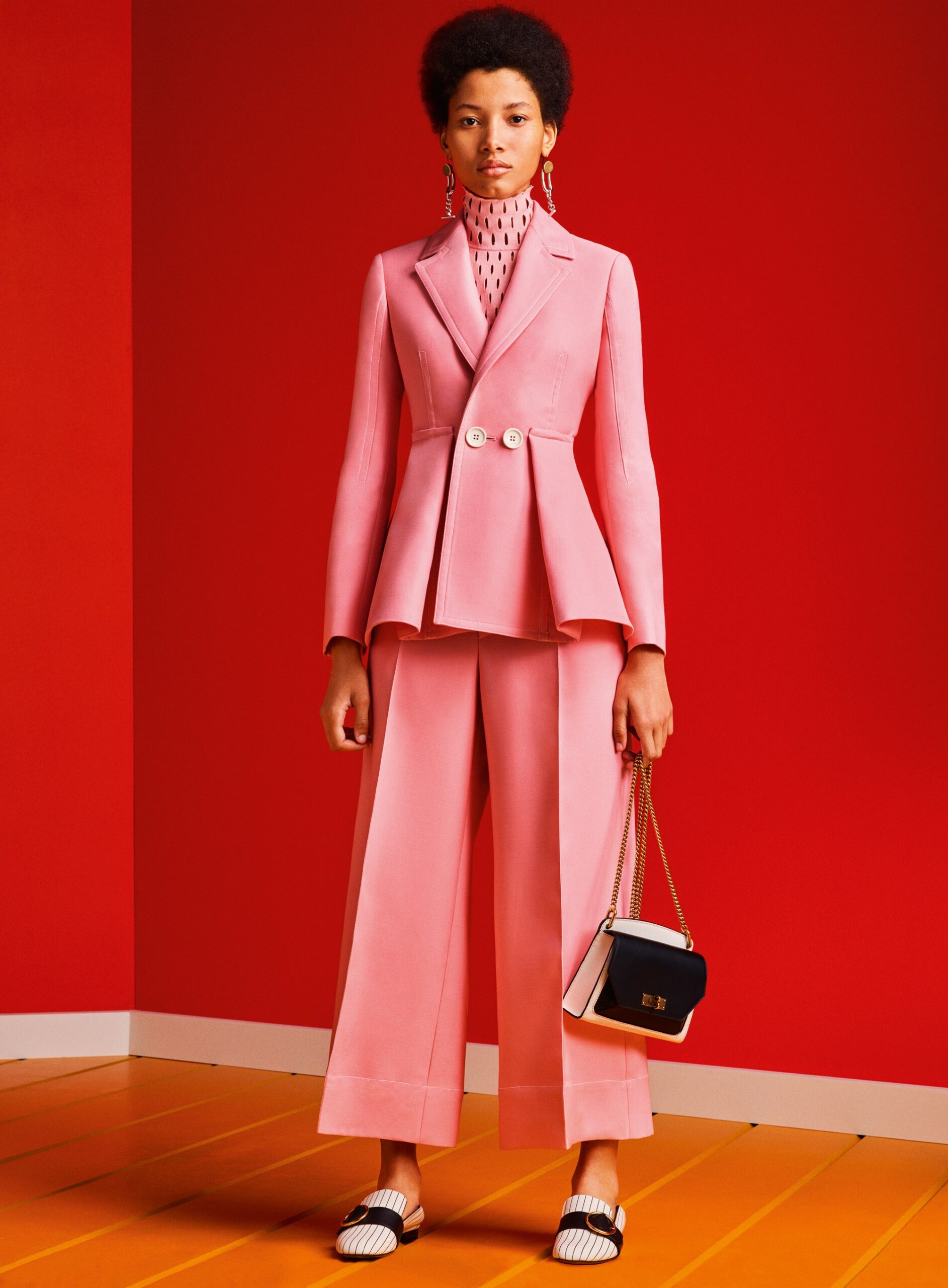 pink cotton long-sleeve collared tailored buttoned flared blazer