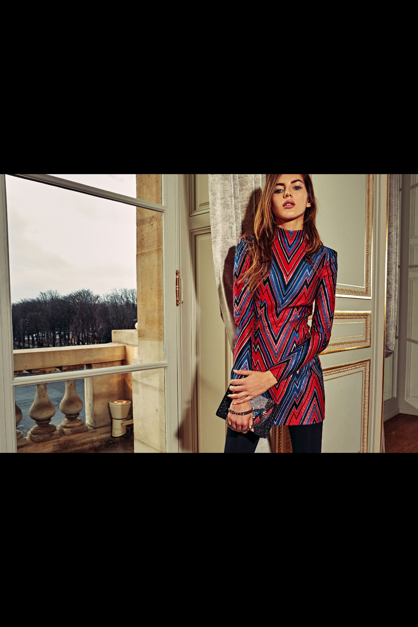 red silk long-sleeve high-neck fitted zigzag top