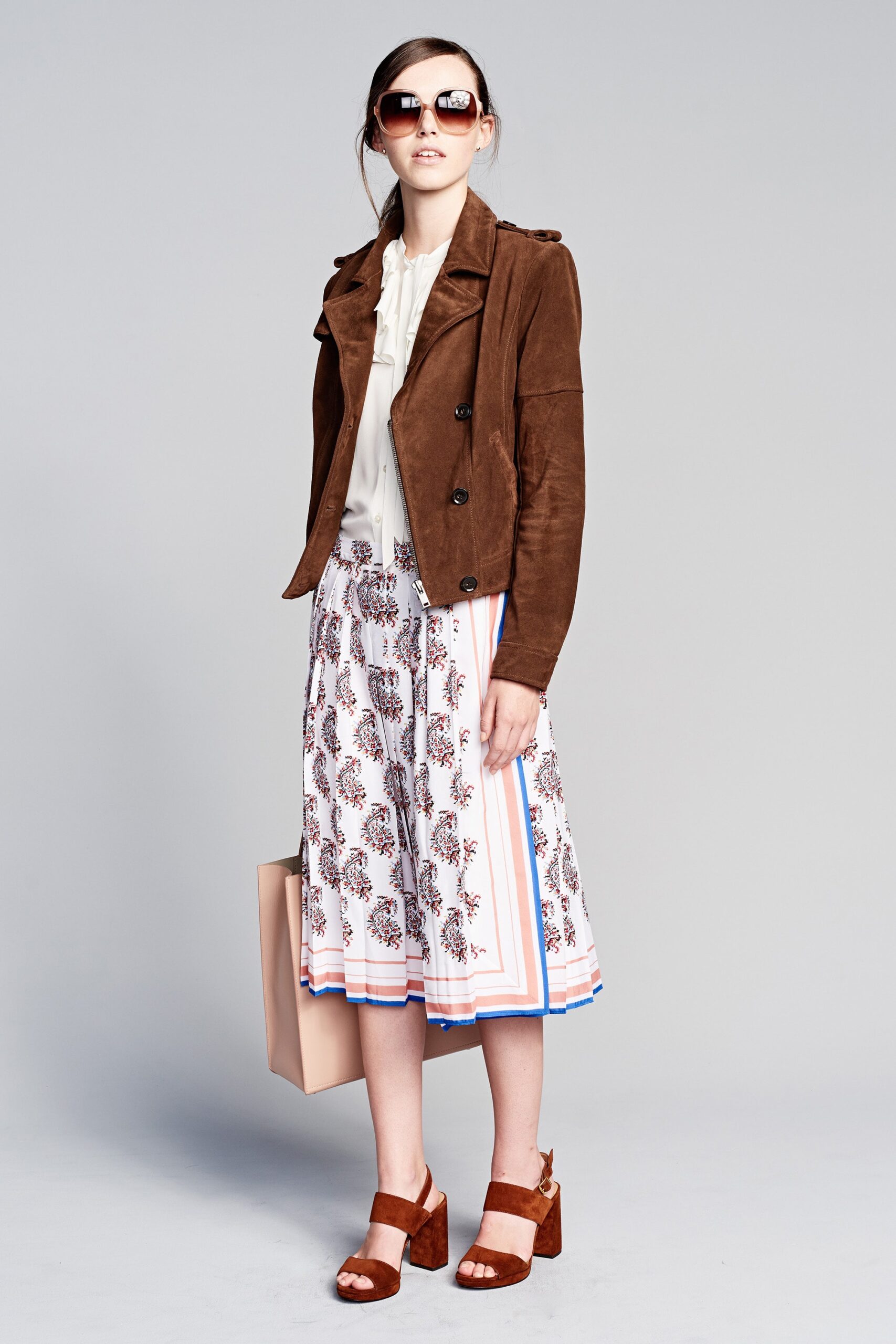 brown suede jacket with multi skirt