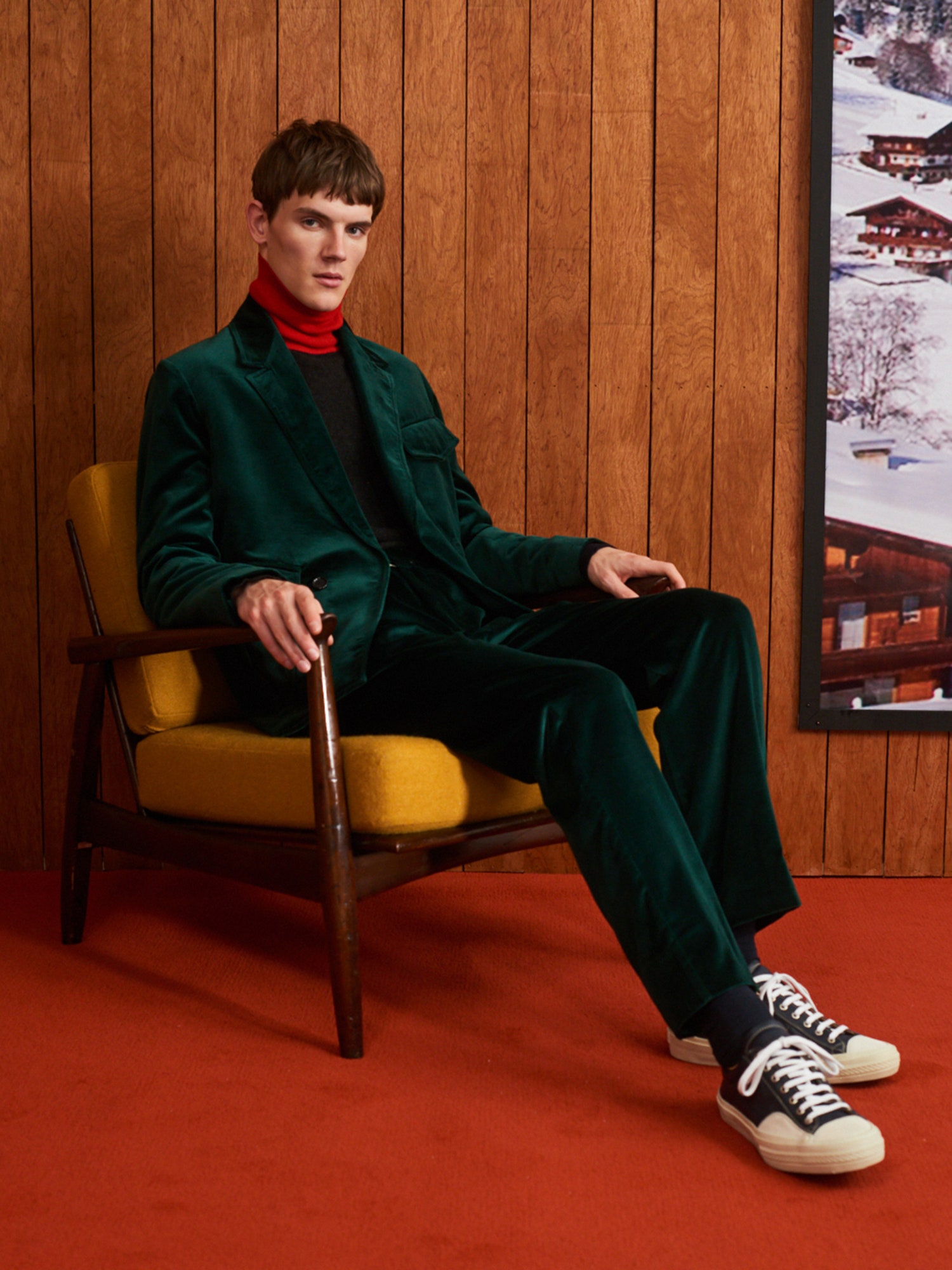 green velvet long-sleeve collared tailored buttoned suit