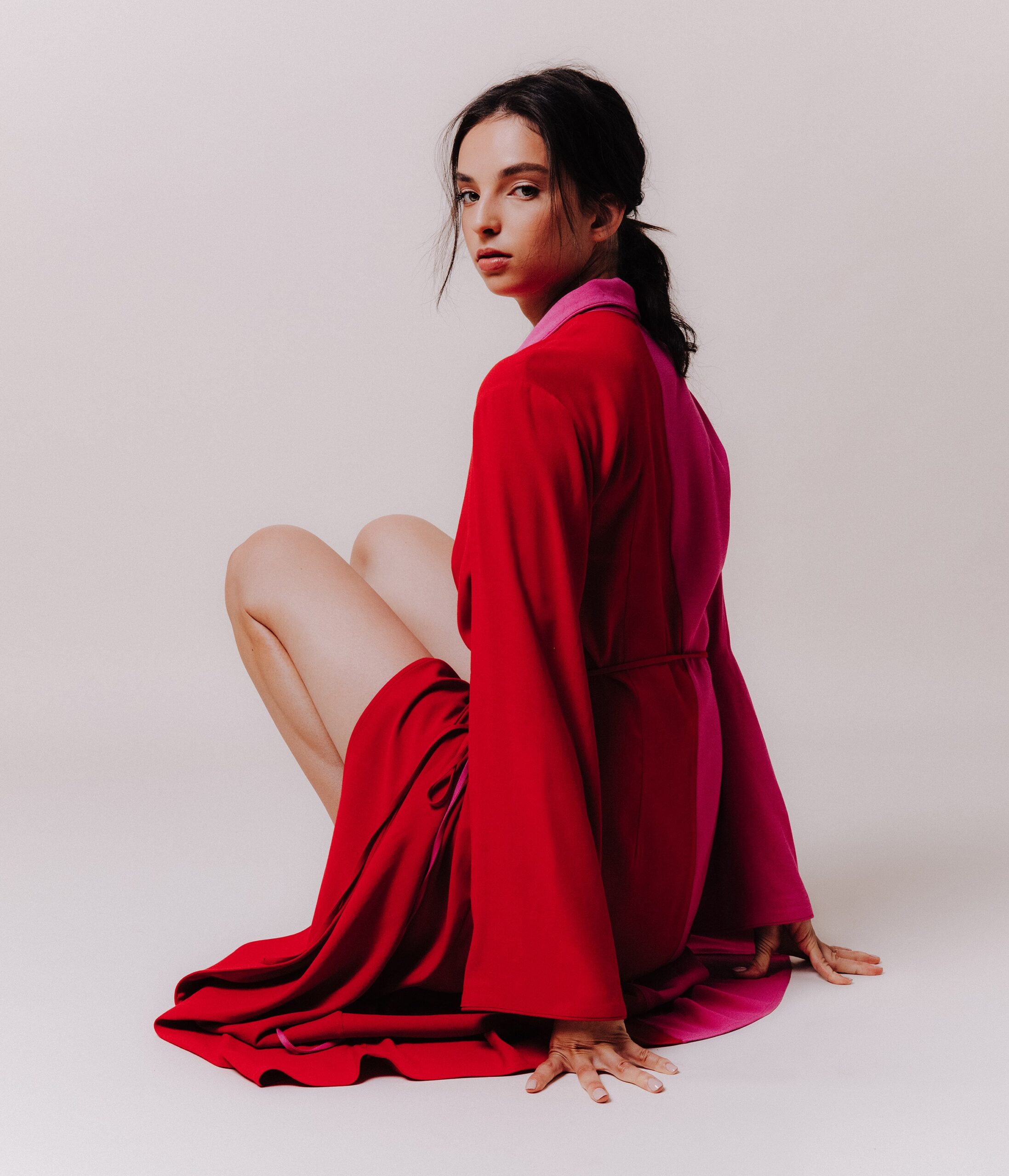 red and pink silk midi dress