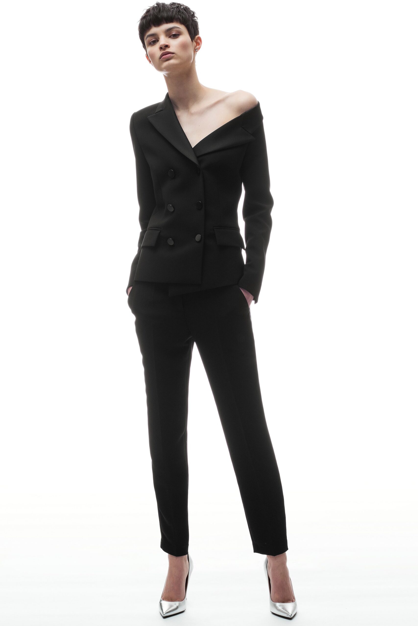 black wool long-sleeve off-shoulder tailored blazer
