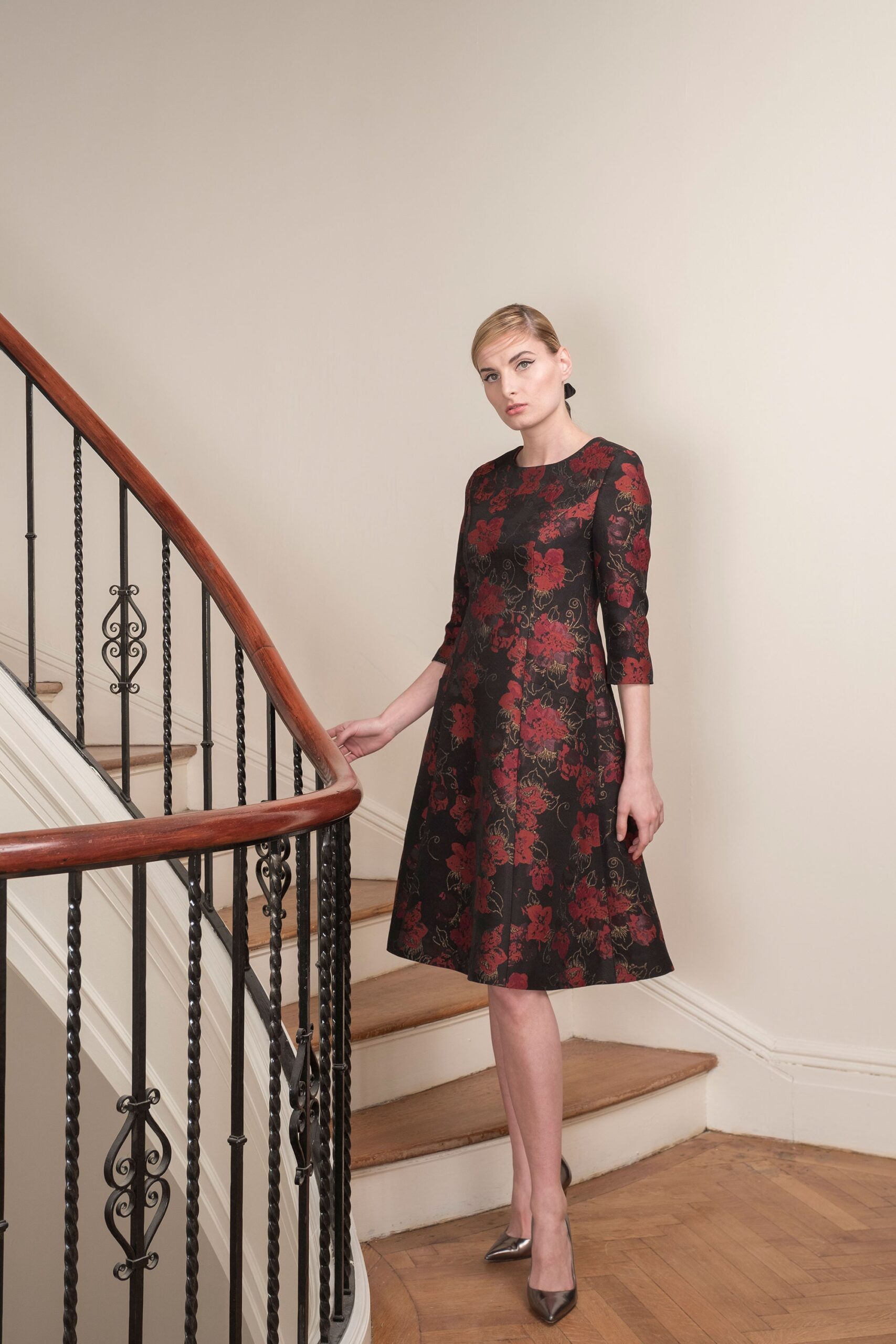 black and red floral midi dress