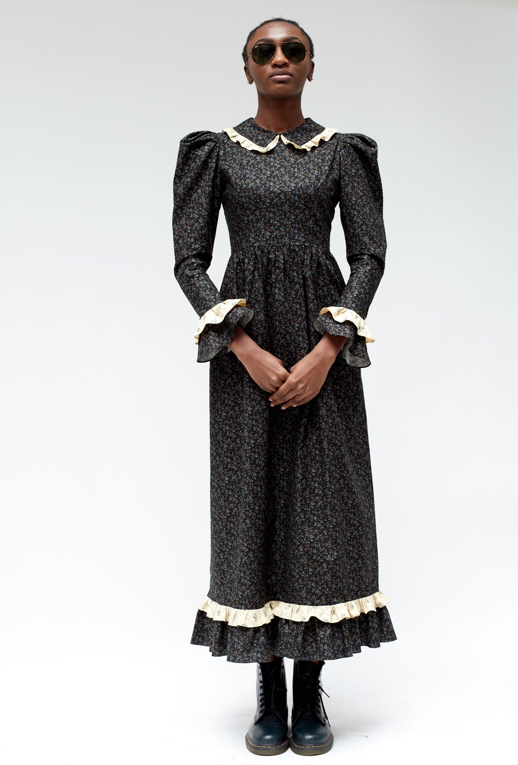 black cotton long-sleeve dress