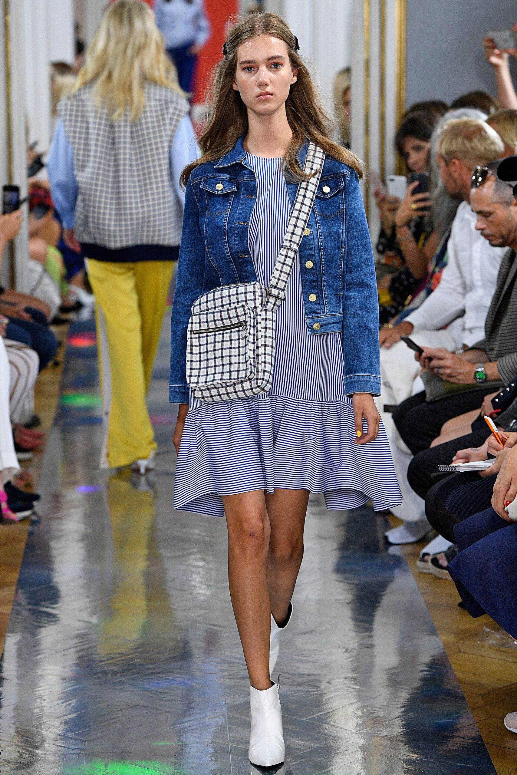 blue denim jacket with mini striped dress