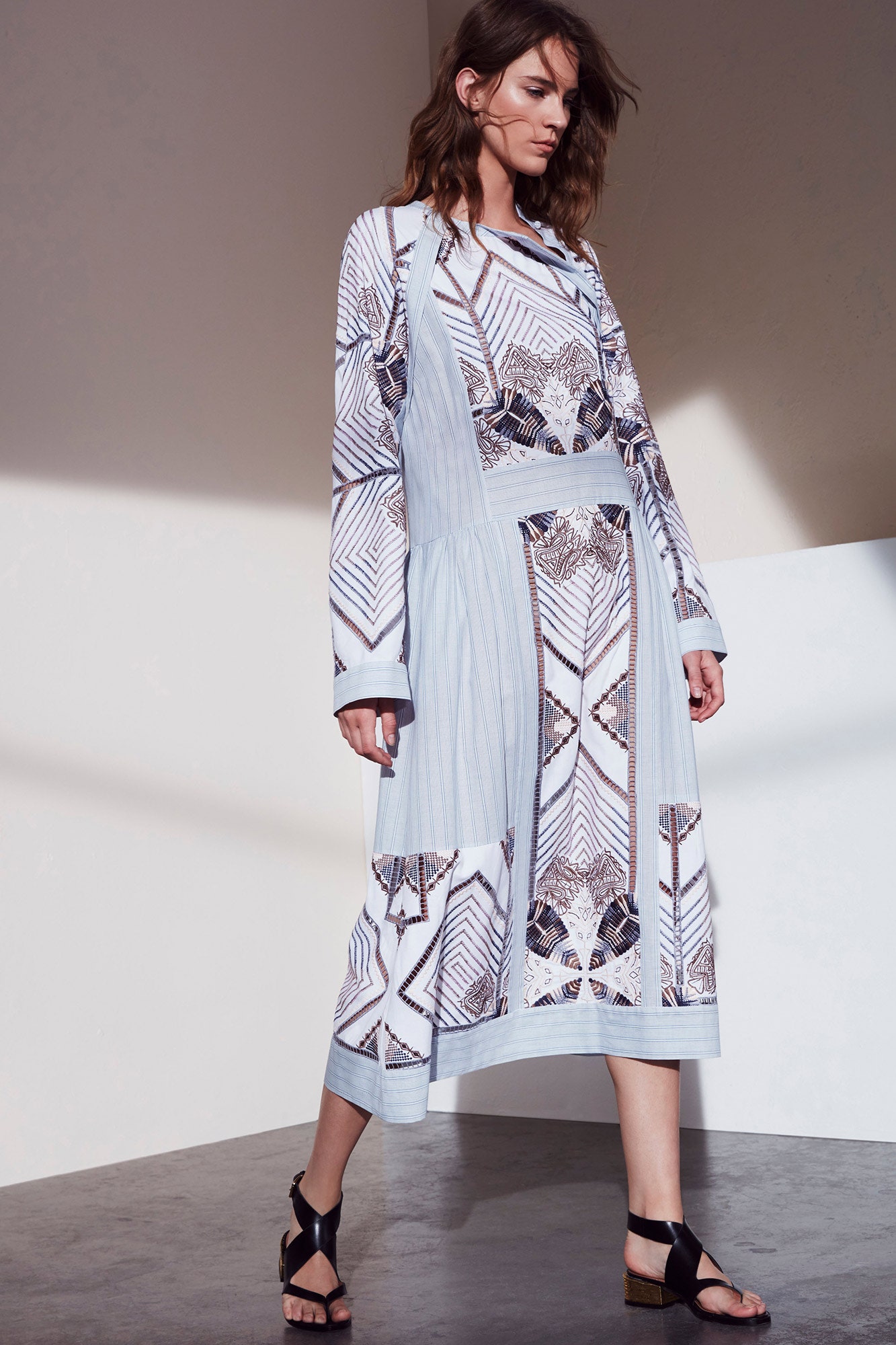 blue and white printed midi dress