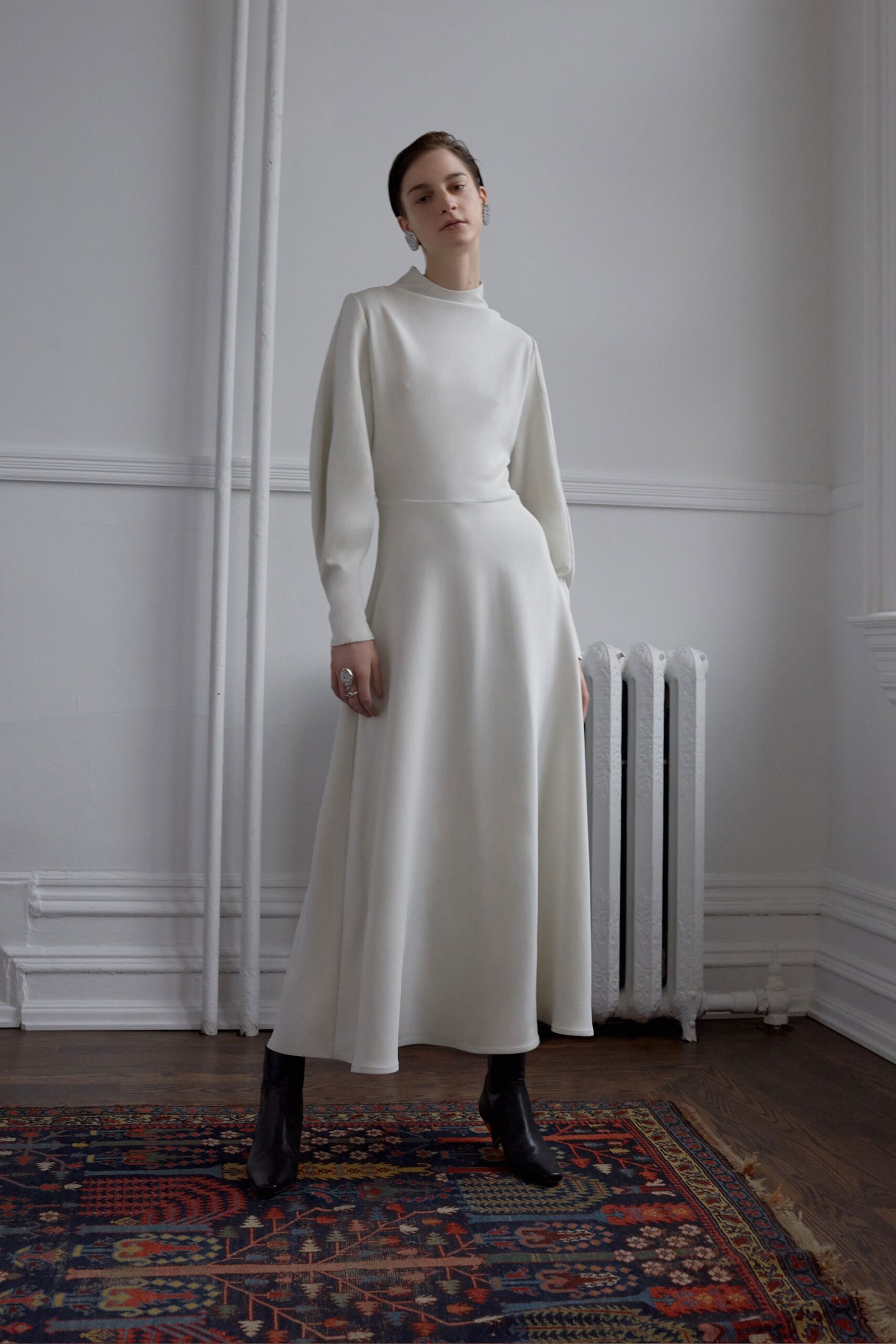 ivory crepe long-sleeve high-neck a-line flowing maxi maxi-dress