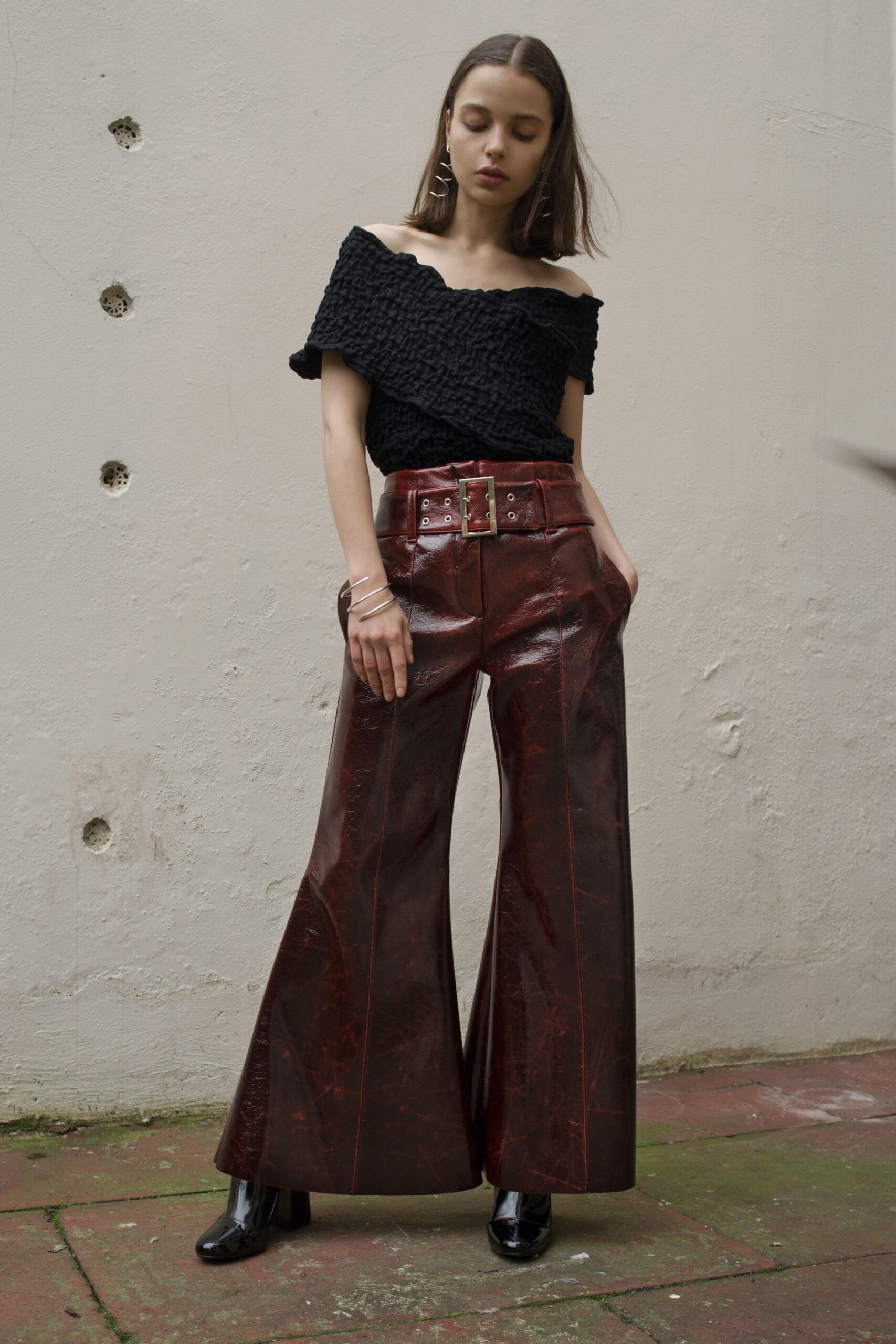 maroon leather wide-leg pants
