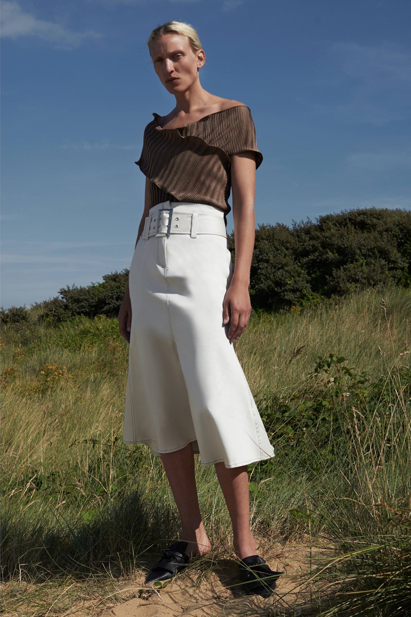 brown pleated off-shoulder top