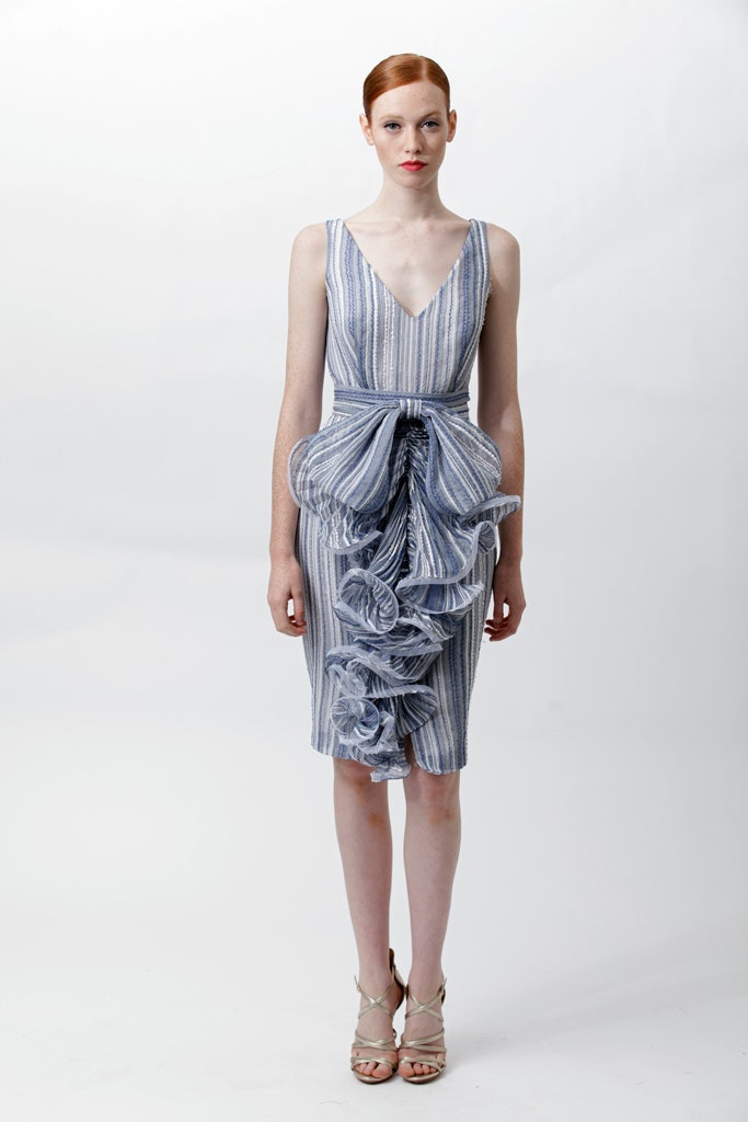 blue and white ruffled midi dress