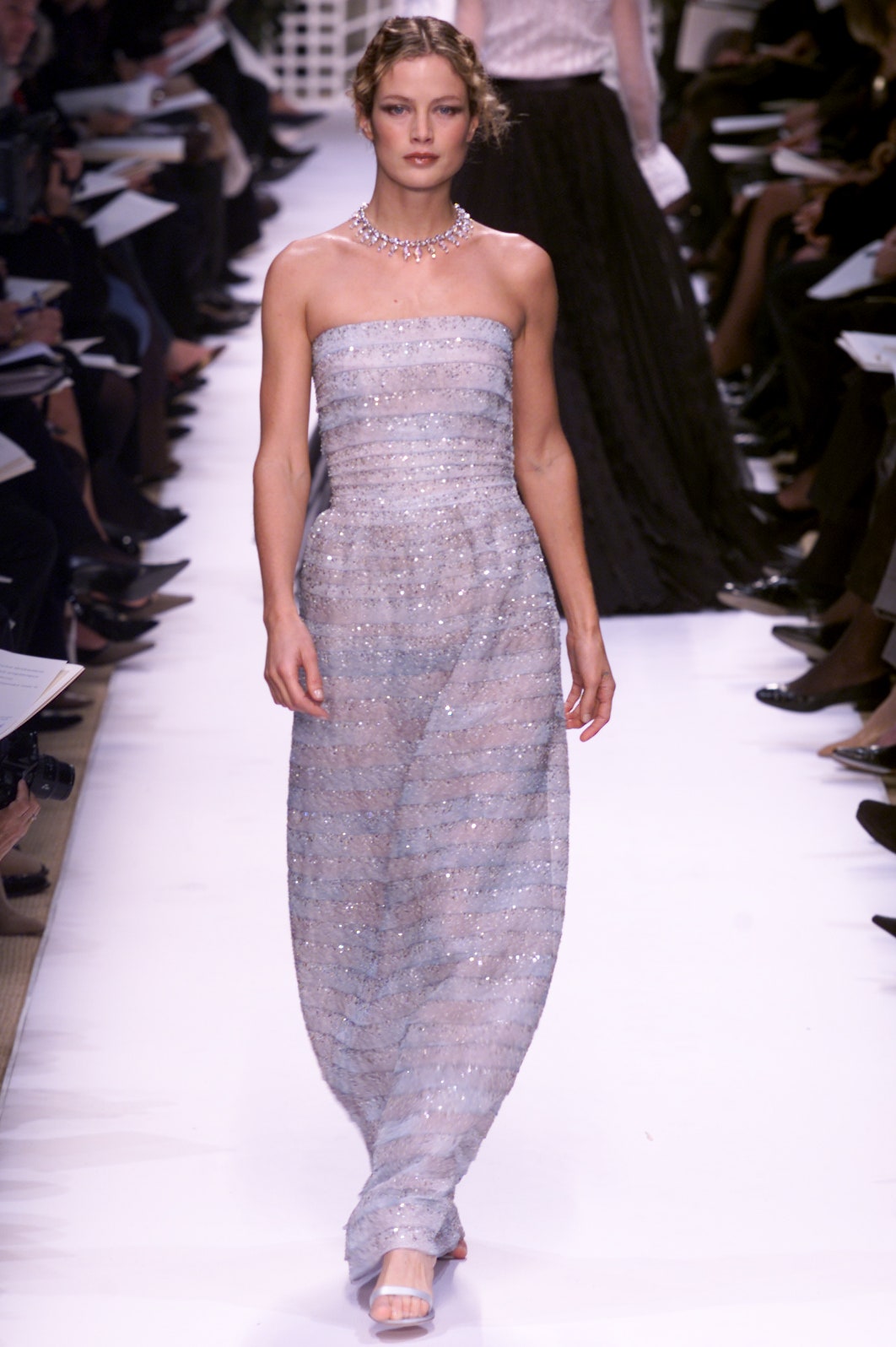 blue sequined strapless gown