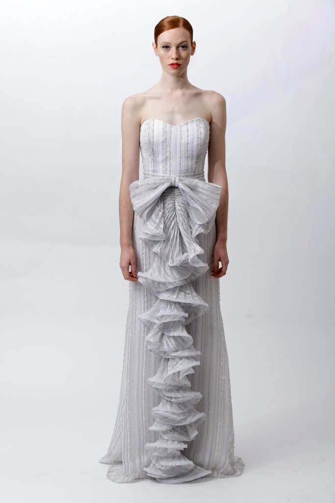 white silk strapless gown