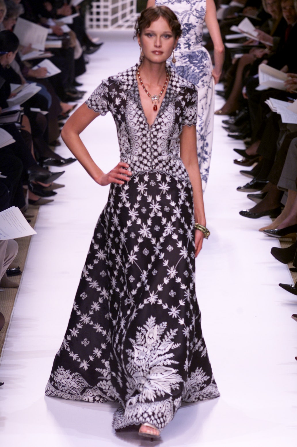 black and white embroidered gown