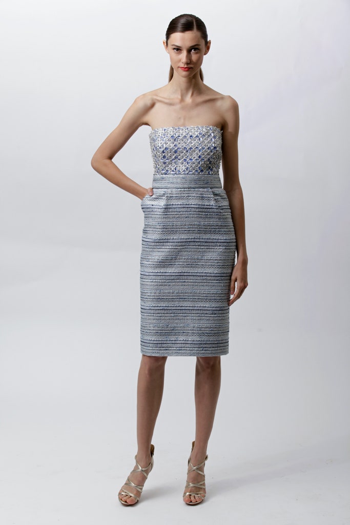 blue and white strapless pencil dress