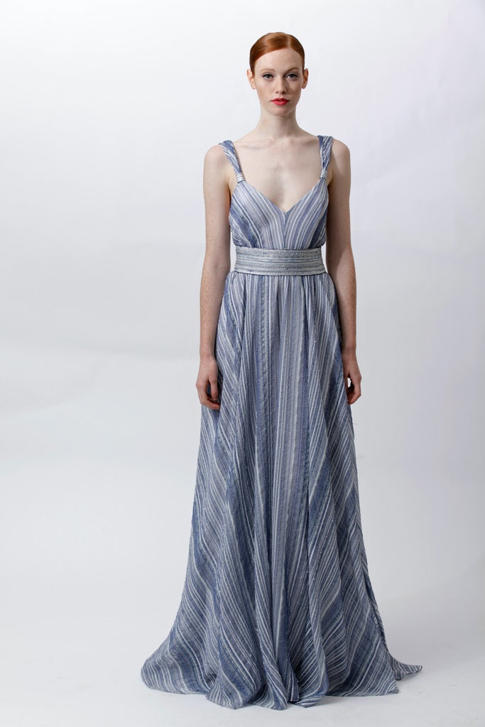 blue silk sleeveless gown