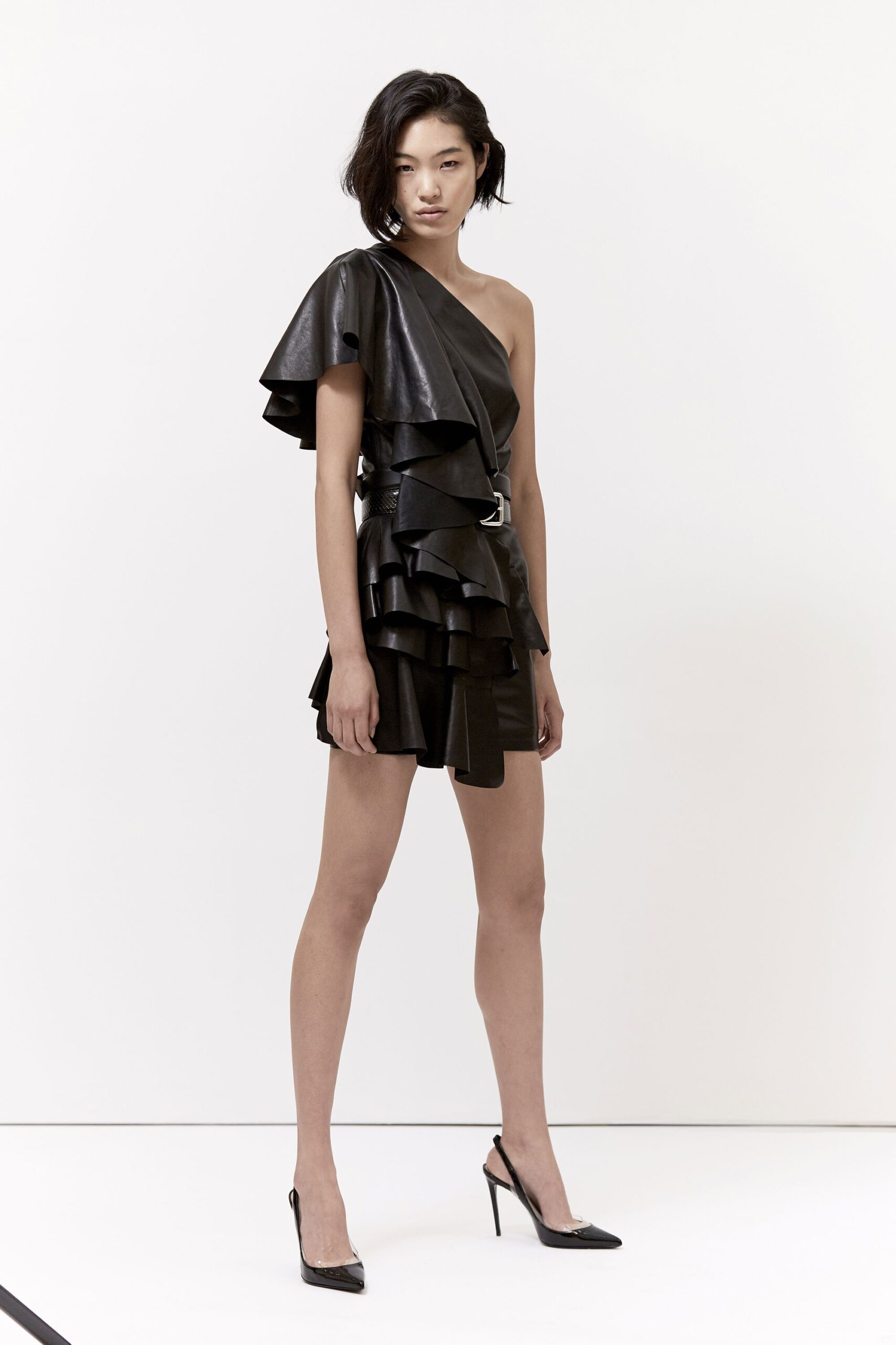 black leather ruffled mini dress