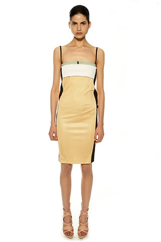 beige black white color-blocked dress