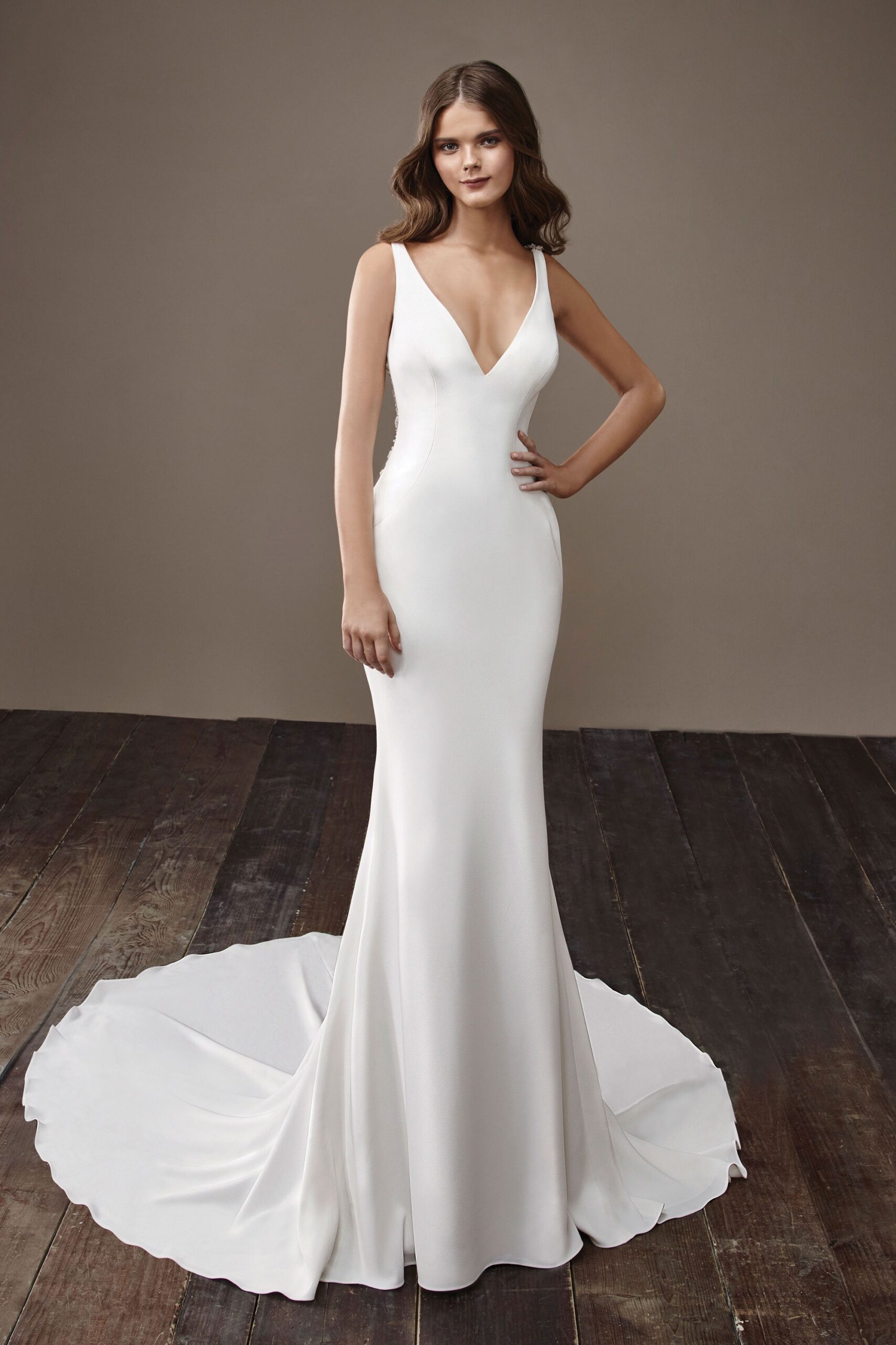 white silk fitted gown