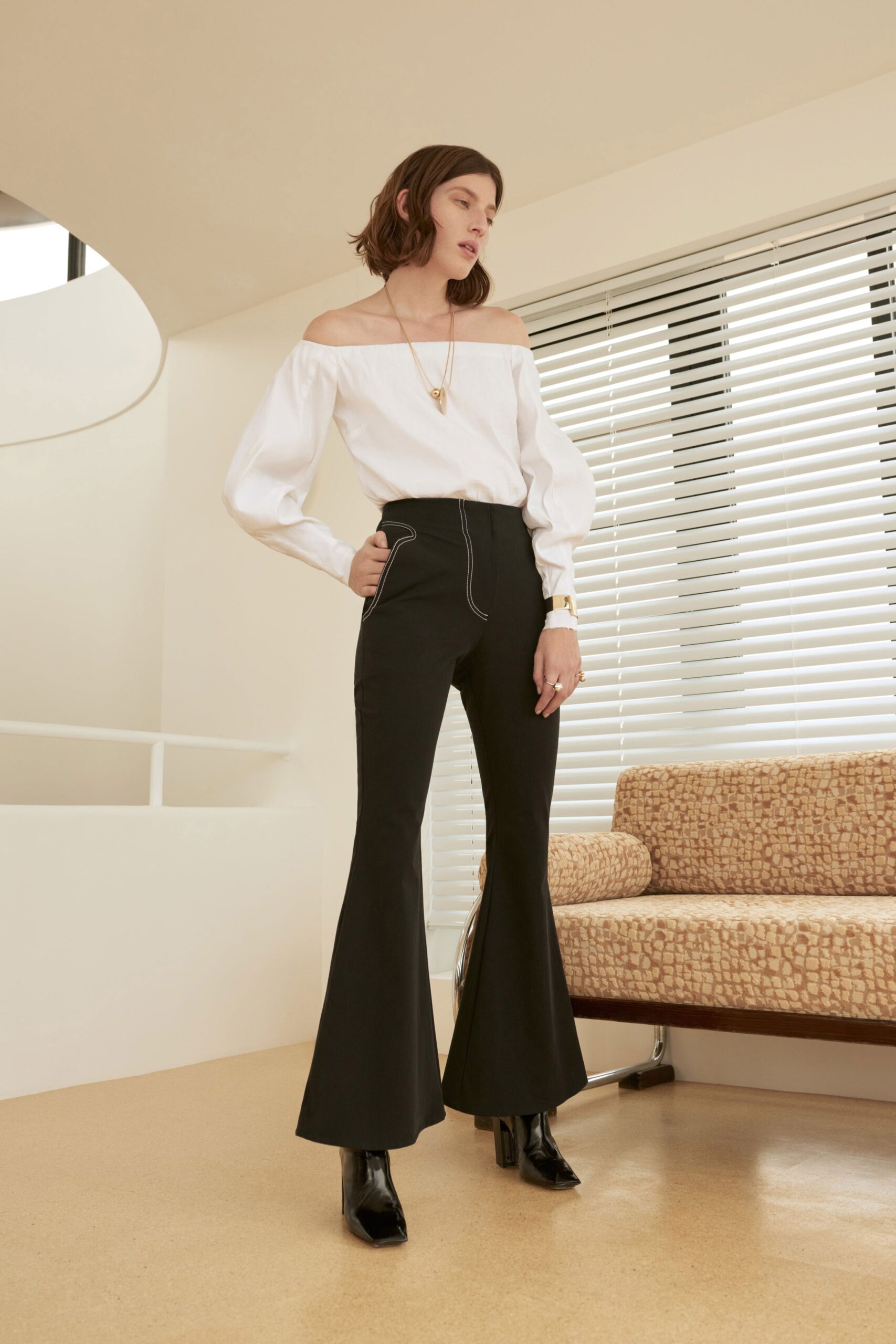 white off-shoulder long-sleeve blouse