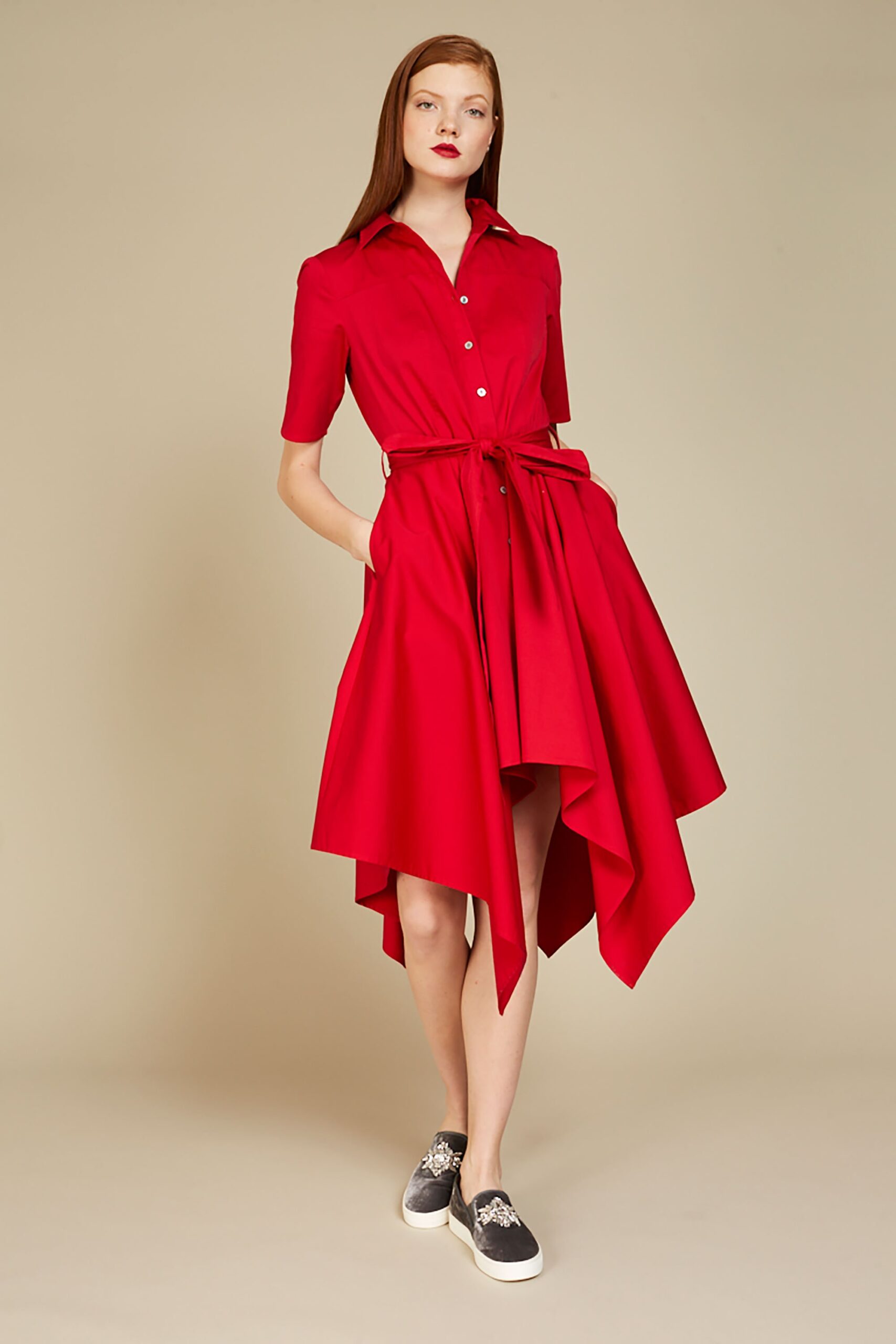 red belted midi dress