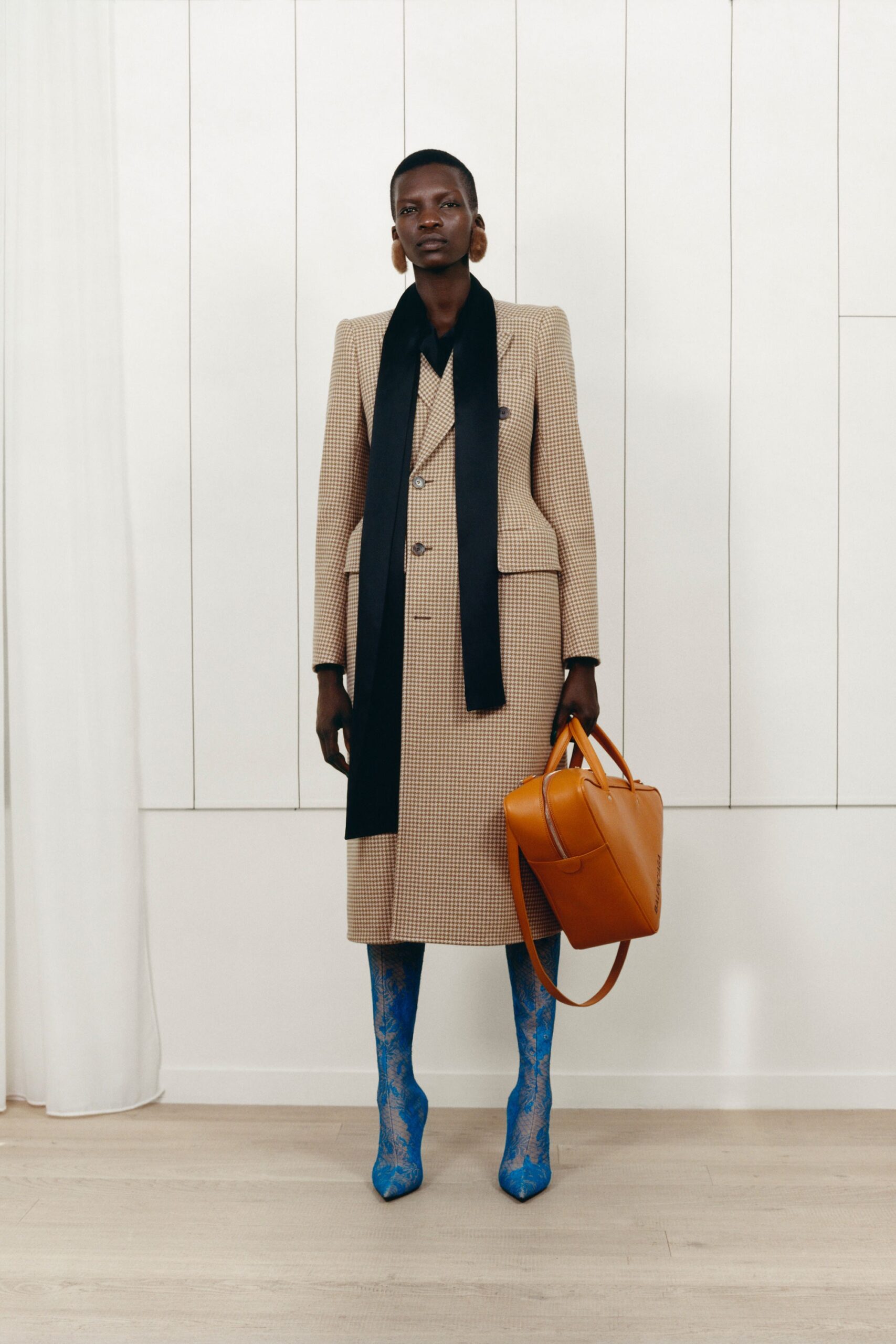 beige wool long-sleeve collared tailored checked midi coat