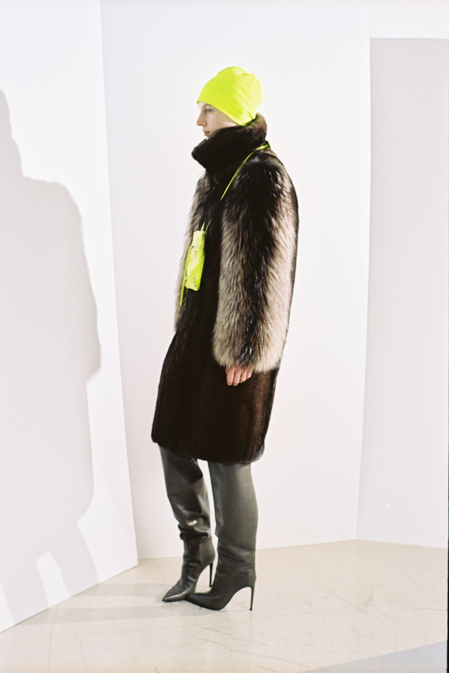 black fur coat with leather pants