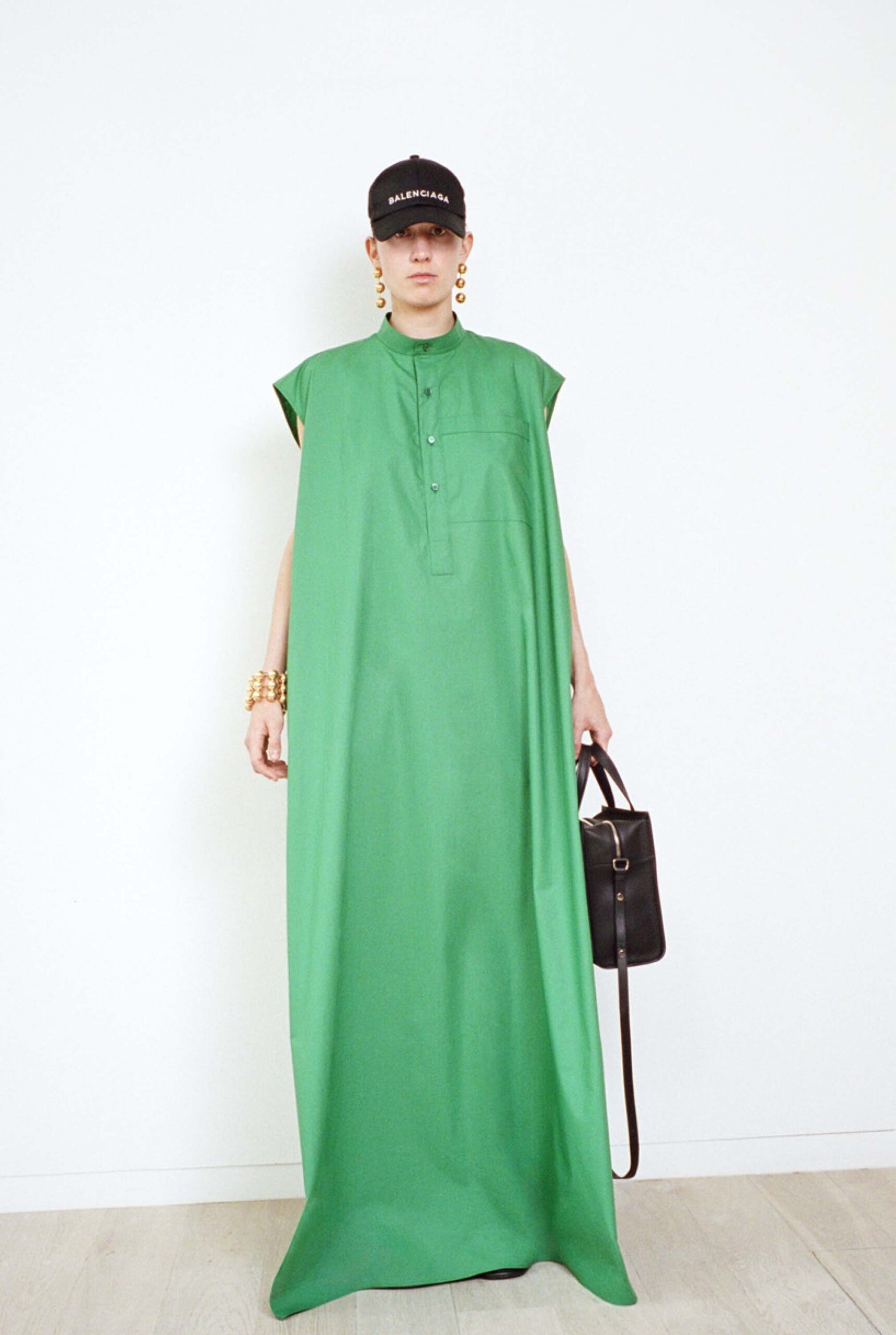 green cotton sleeveless collared relaxed straight-leg maxi dress
