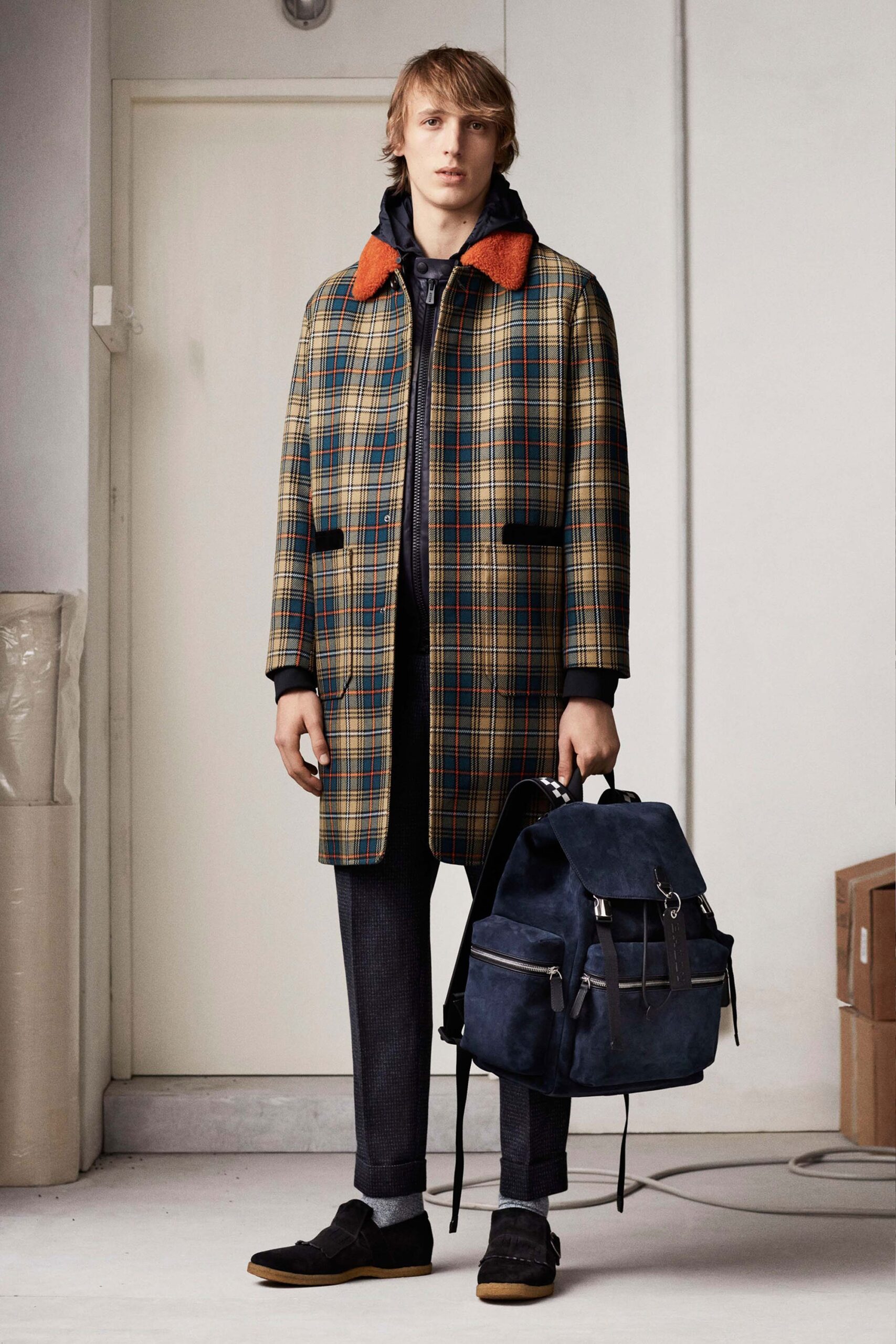 checked wool coat with tailored pants