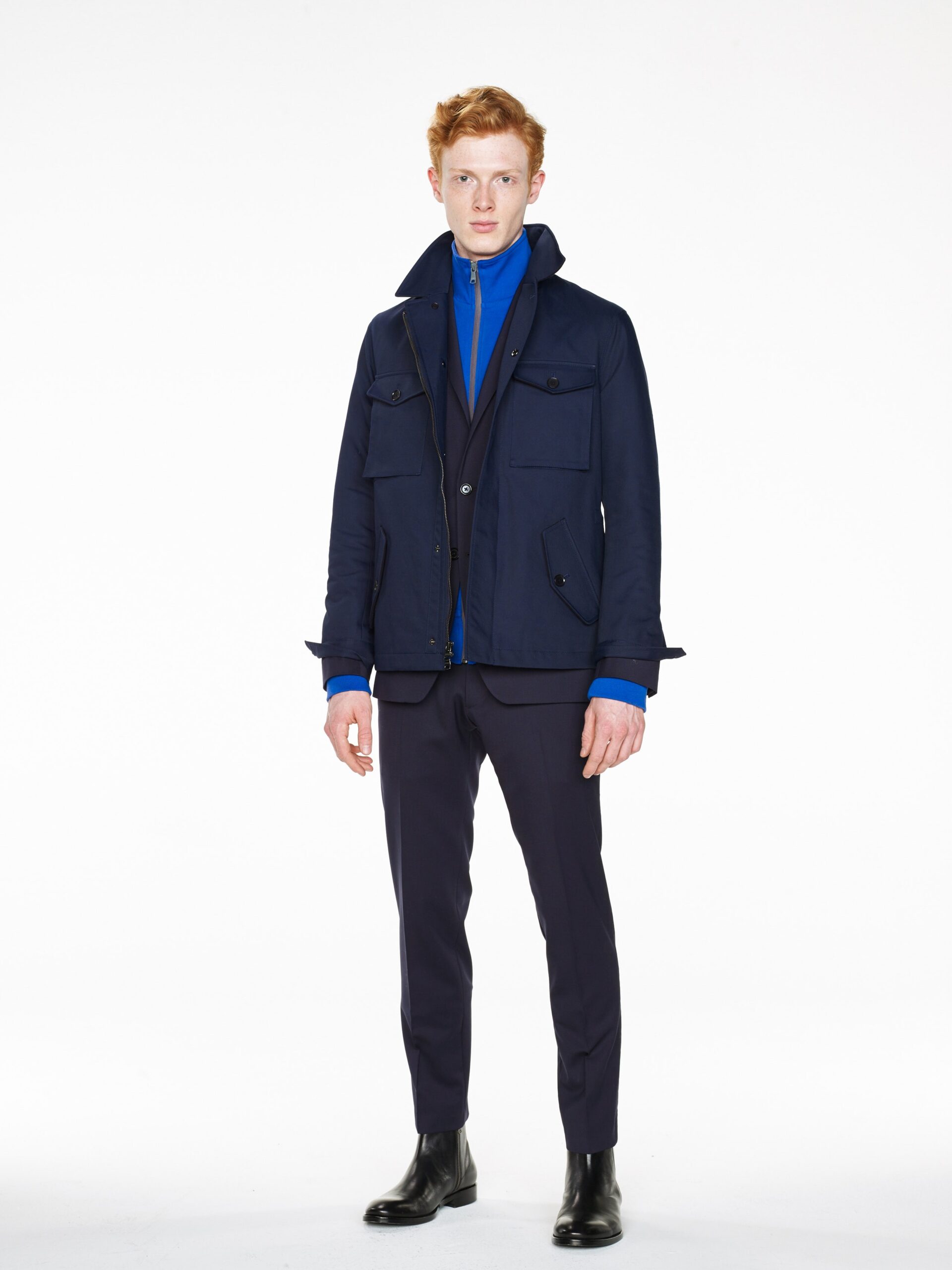 blue cotton jacket with tailored pants