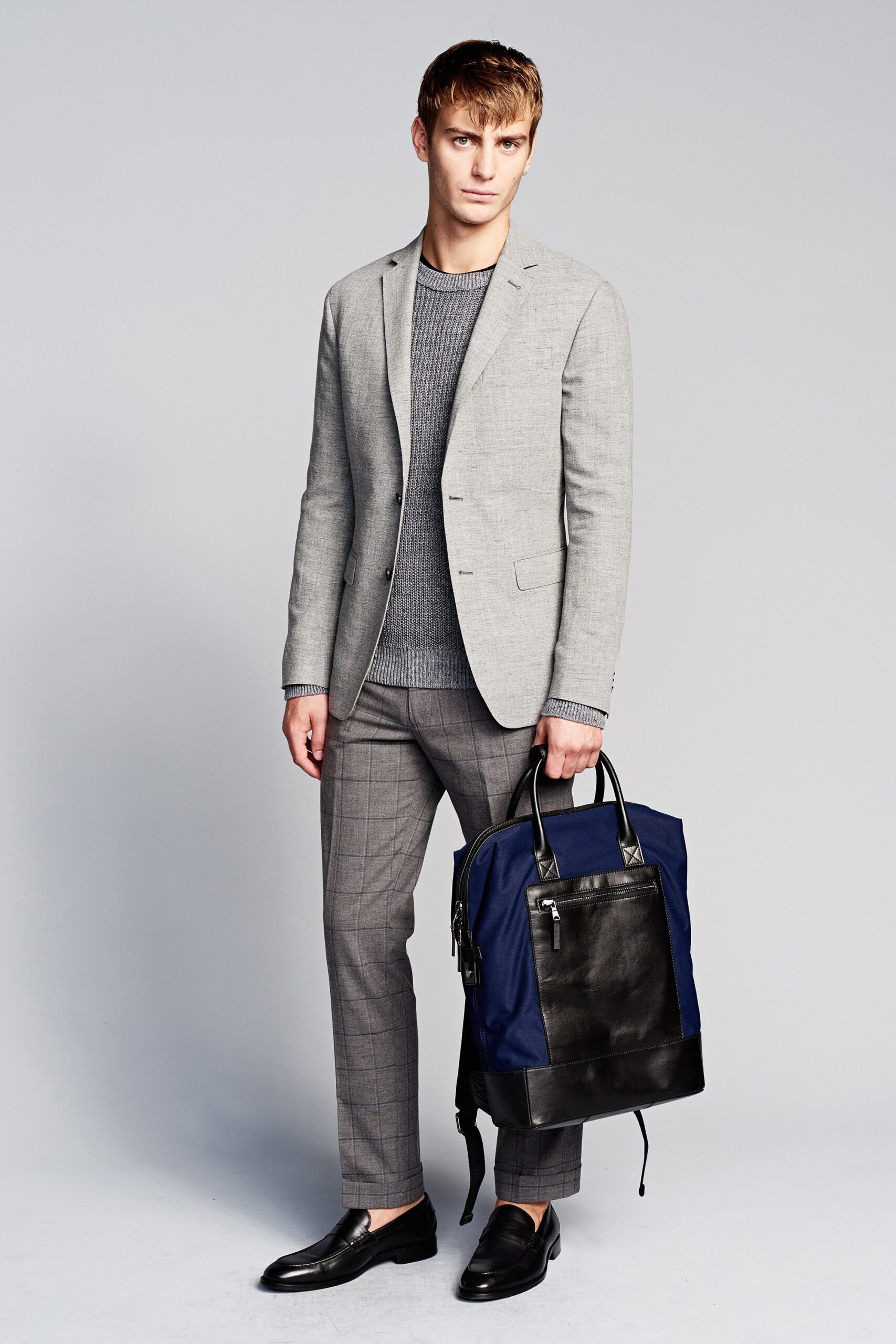 gray tailored blazer with sweater