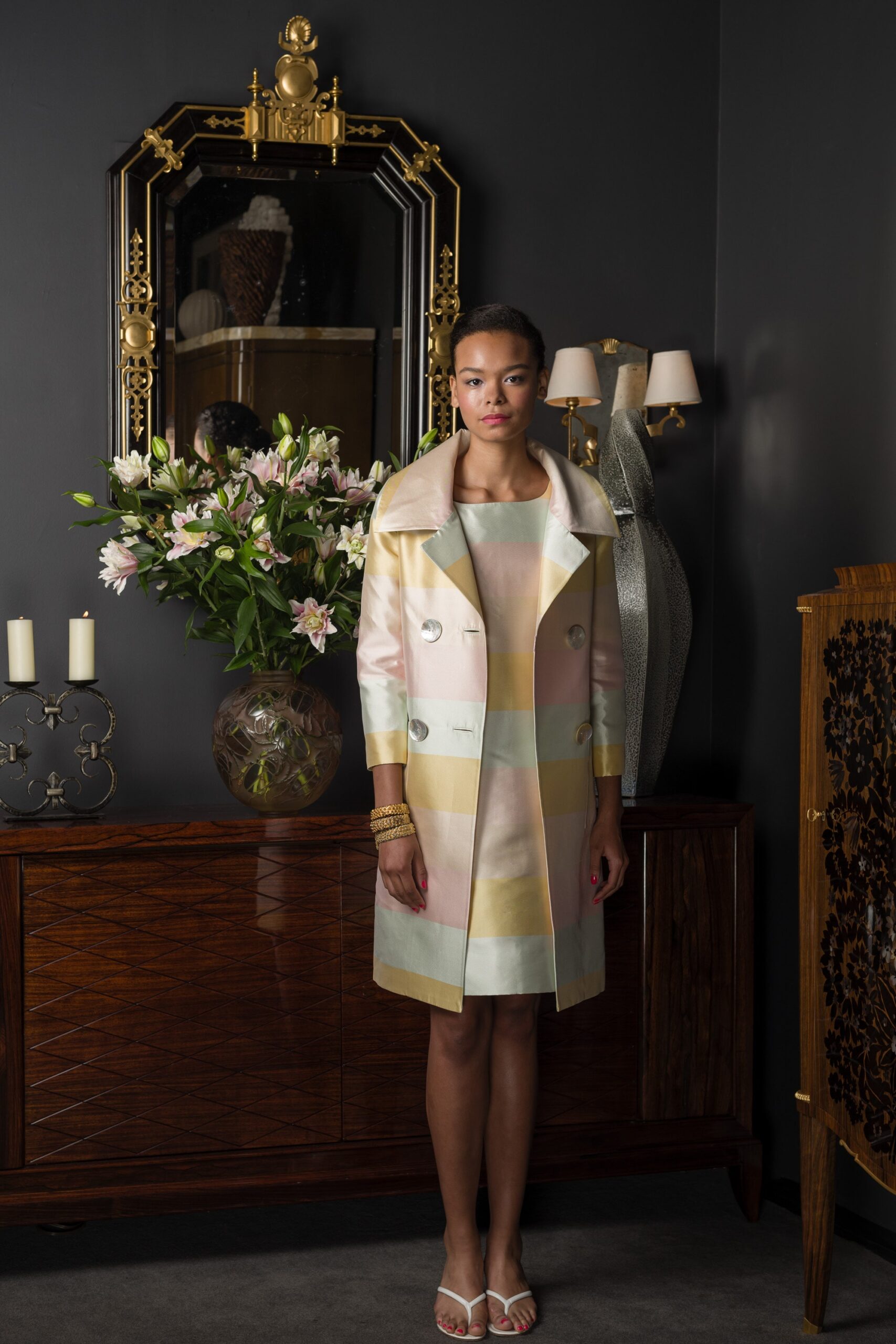 color-blocked silk coat and dress