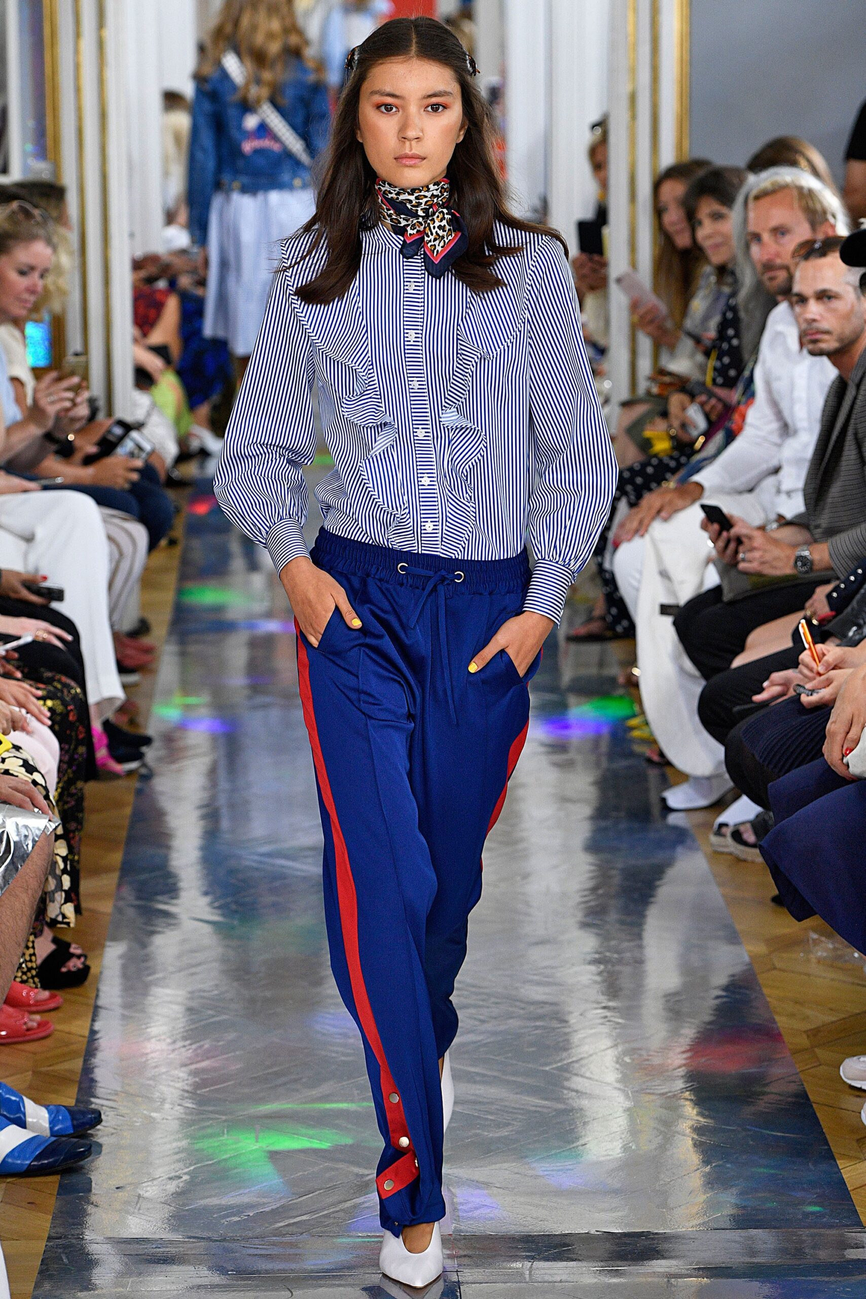 blue and white striped shirt with relaxed pants