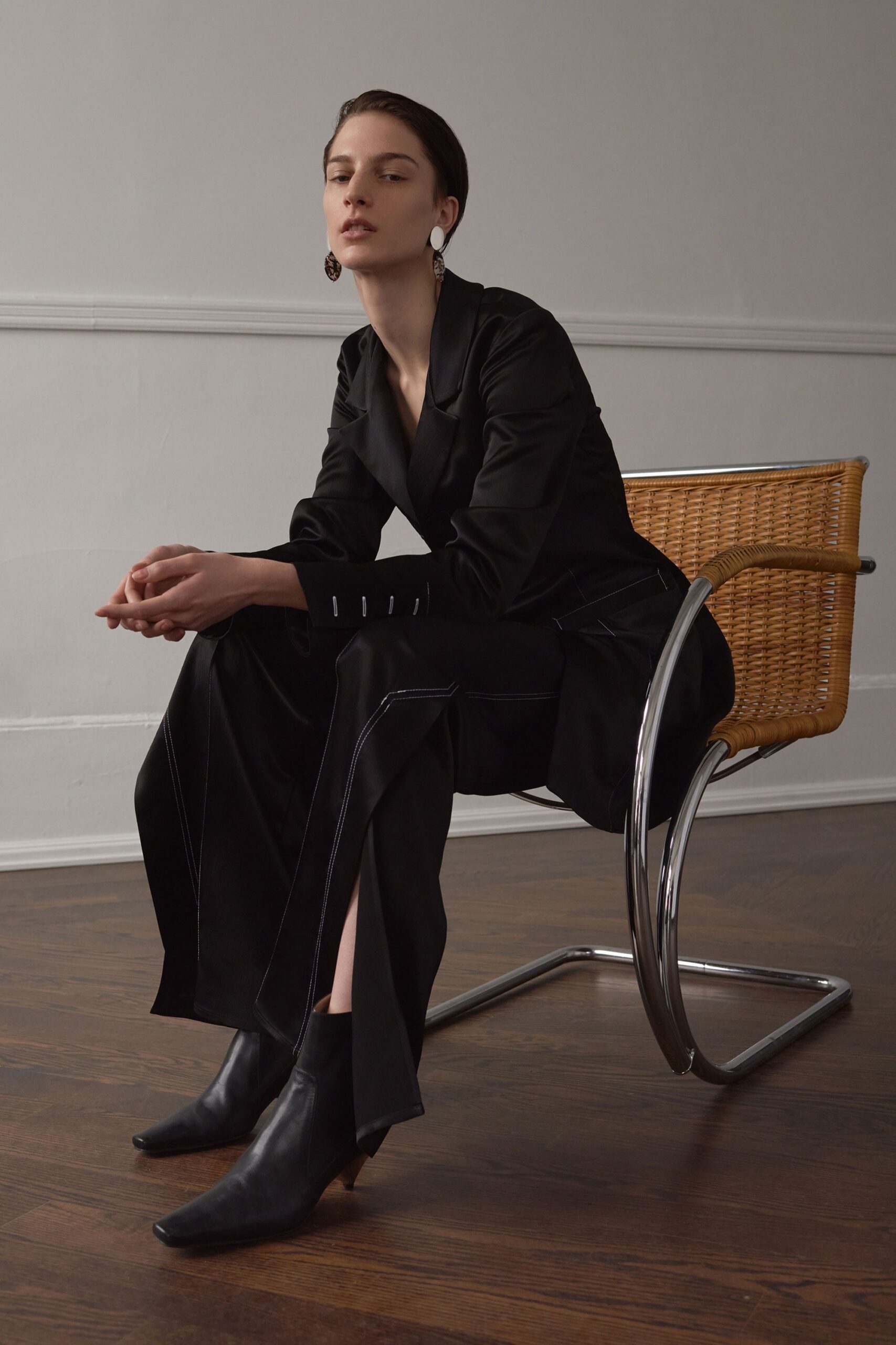 black satin slit straight-leg shiny maxi skirt