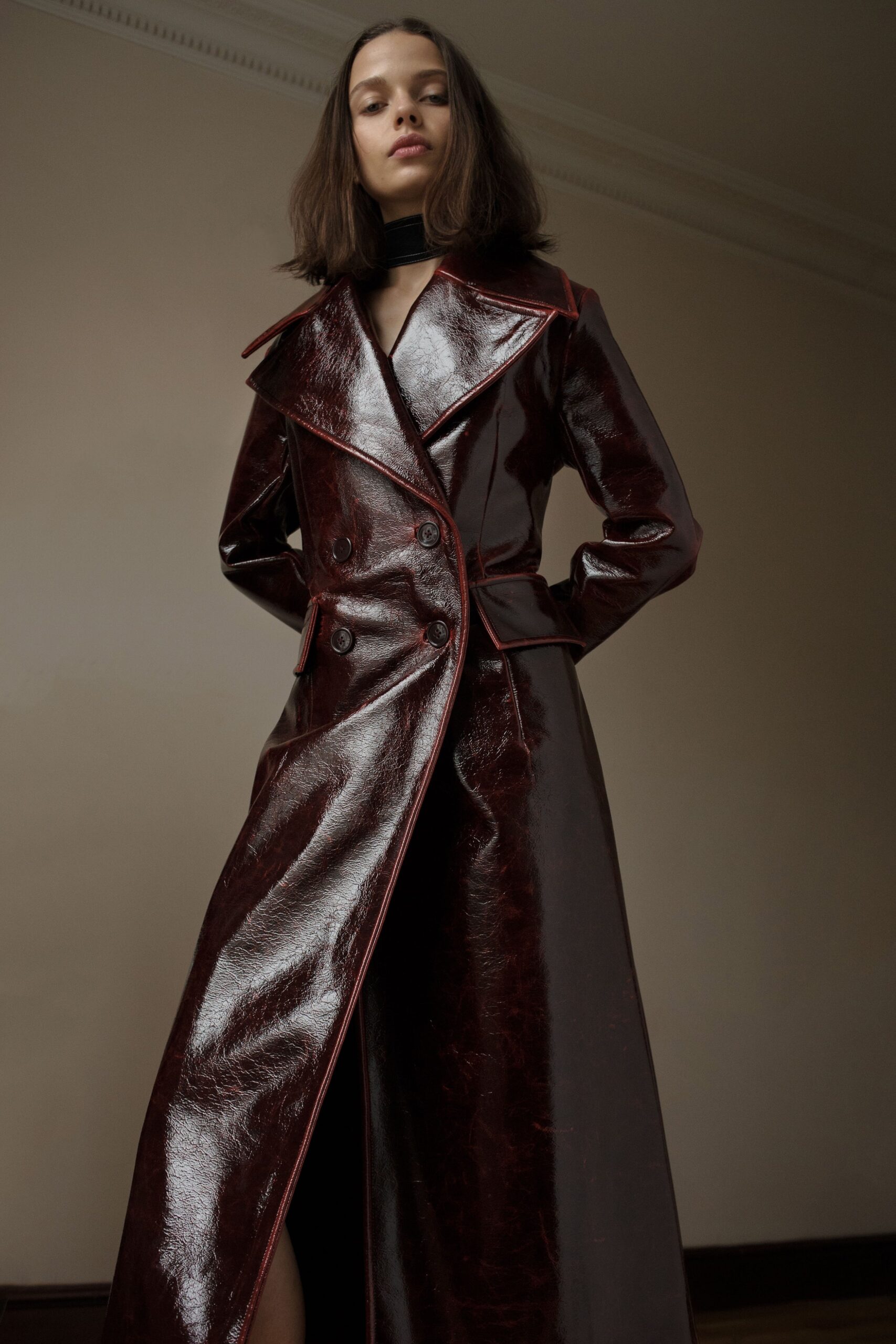 maroon shiny leather double-breasted coat