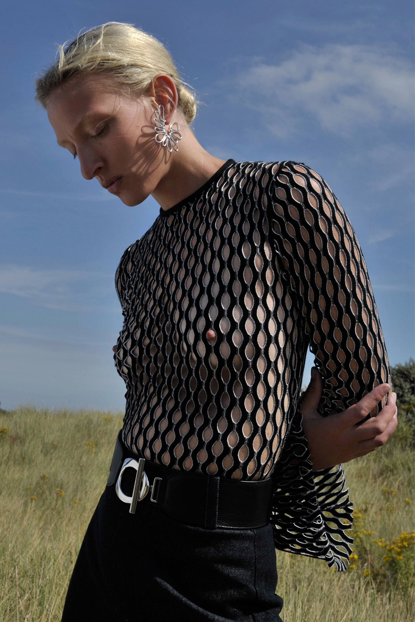 black sheer mesh long-sleeve top