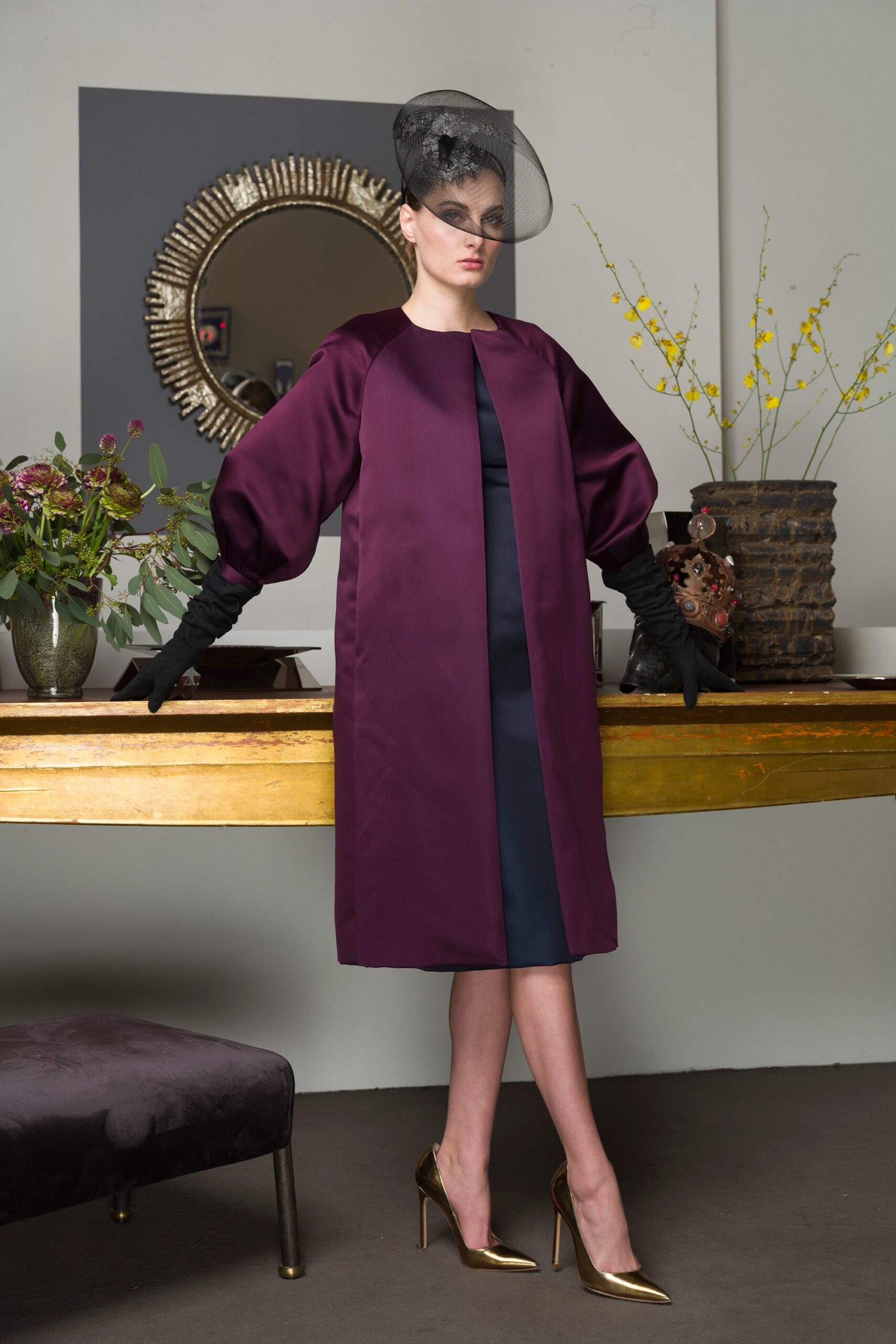 purple silk coat with black dress
