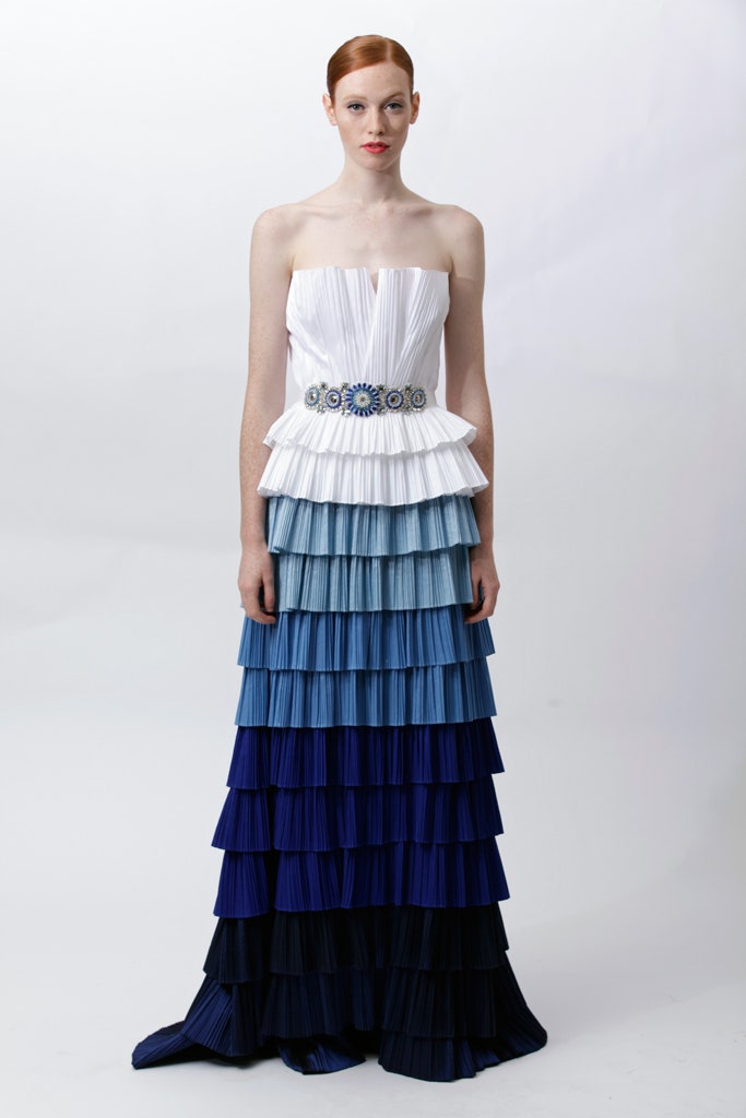 white and blue pleated gown