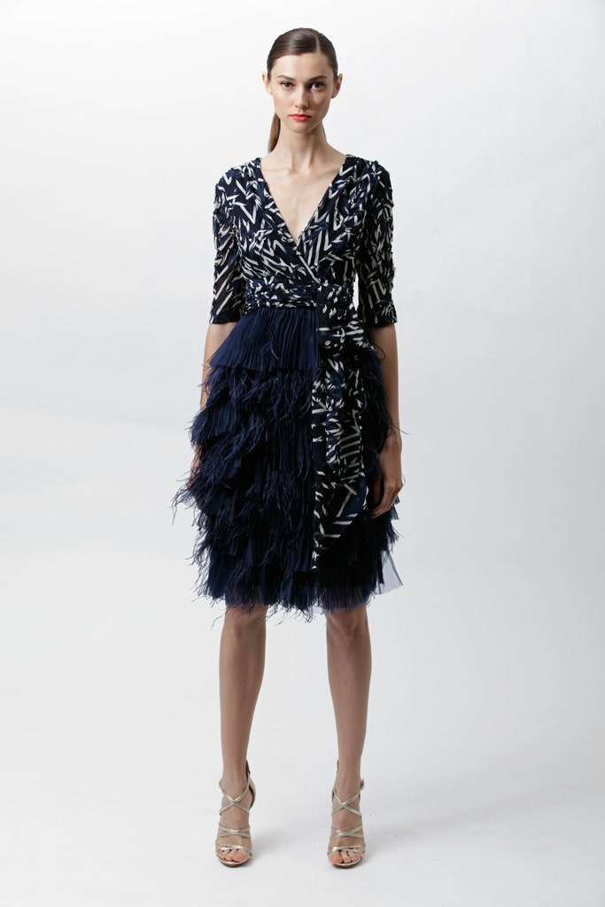 navy and white ruffled midi dress