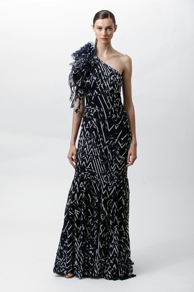black and white one-shoulder gown