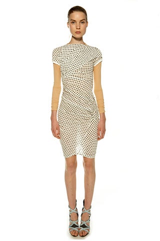 fitted polka-dot midi dress with beige top